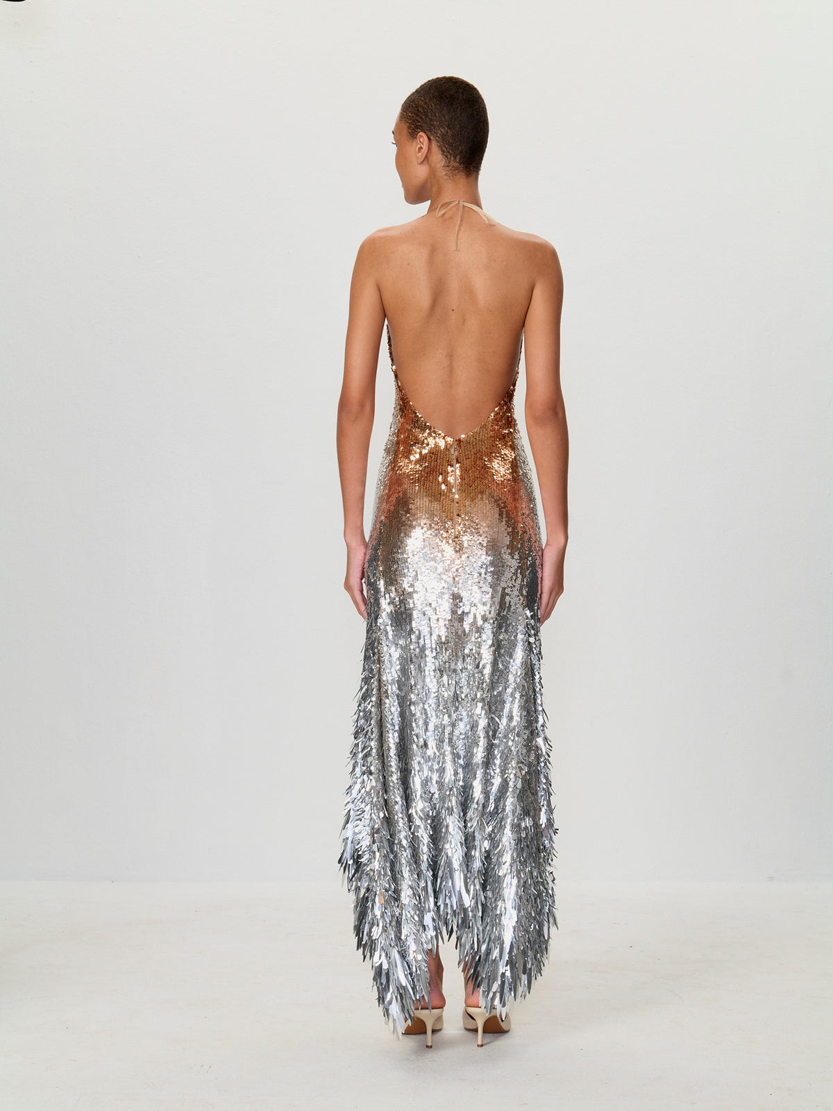 Ombre Sequin Halter Handkerchief Gown