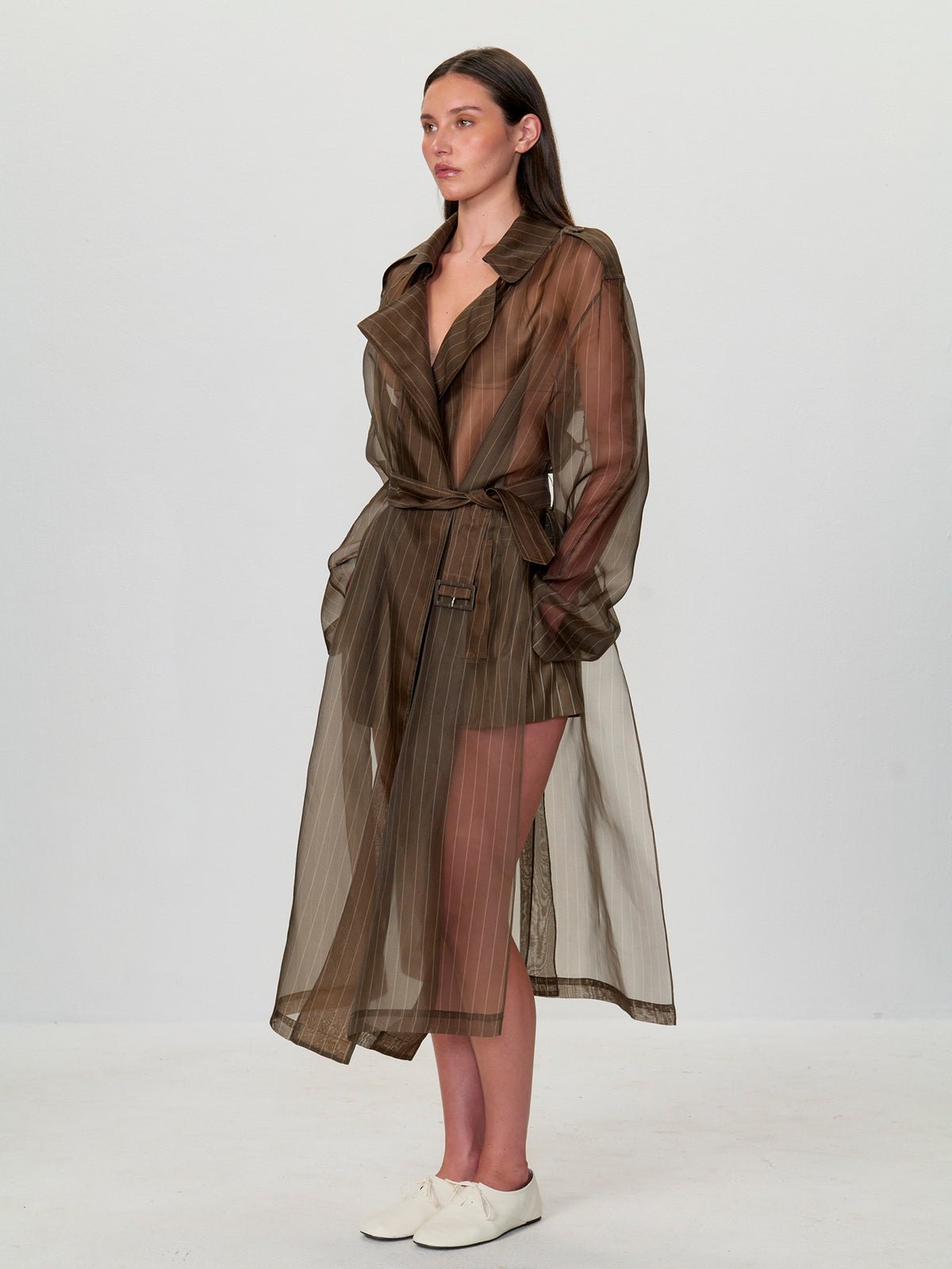 Pinstripe Organza Trench Coat