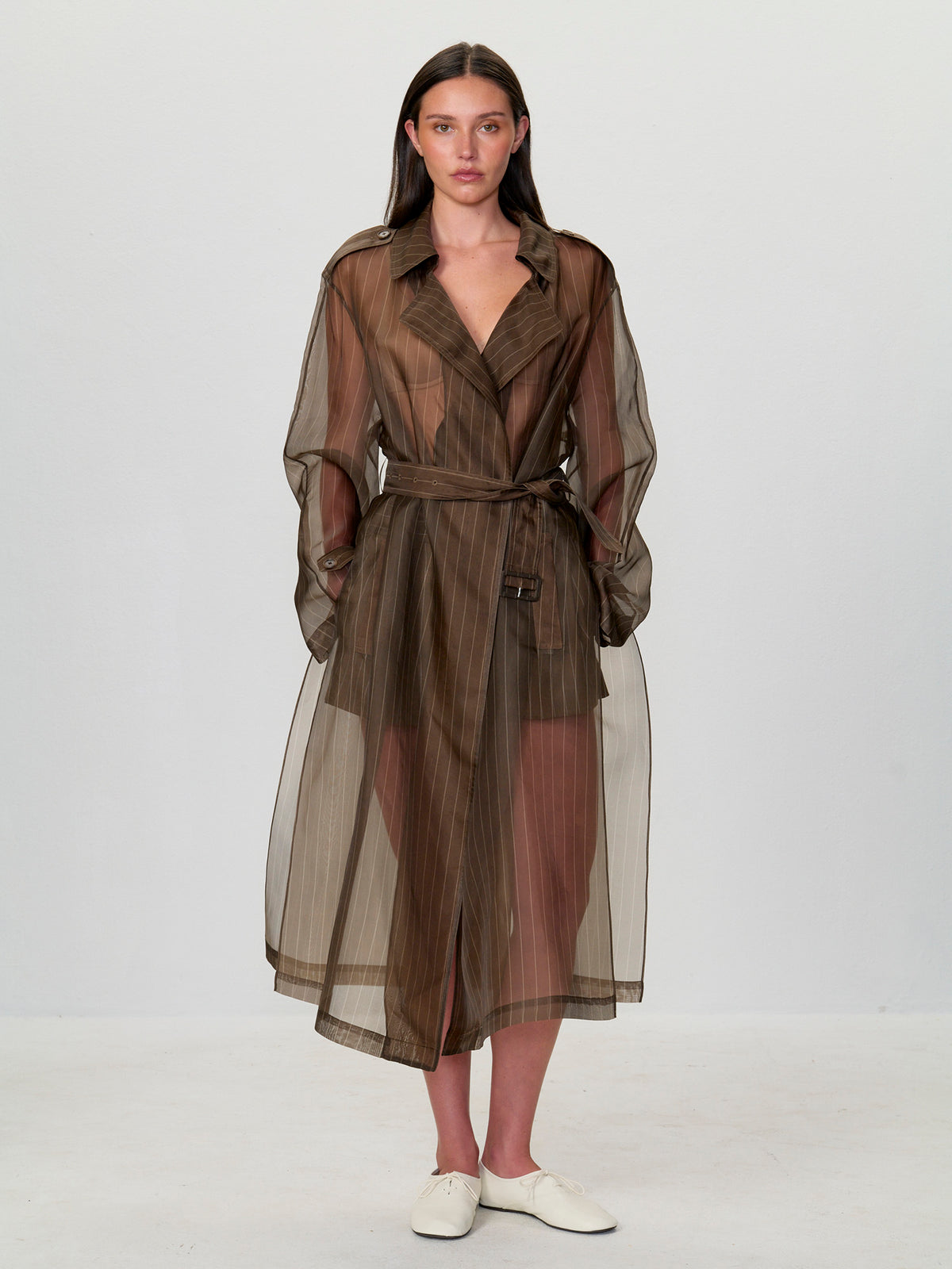 Pinstripe Organza Trench Coat