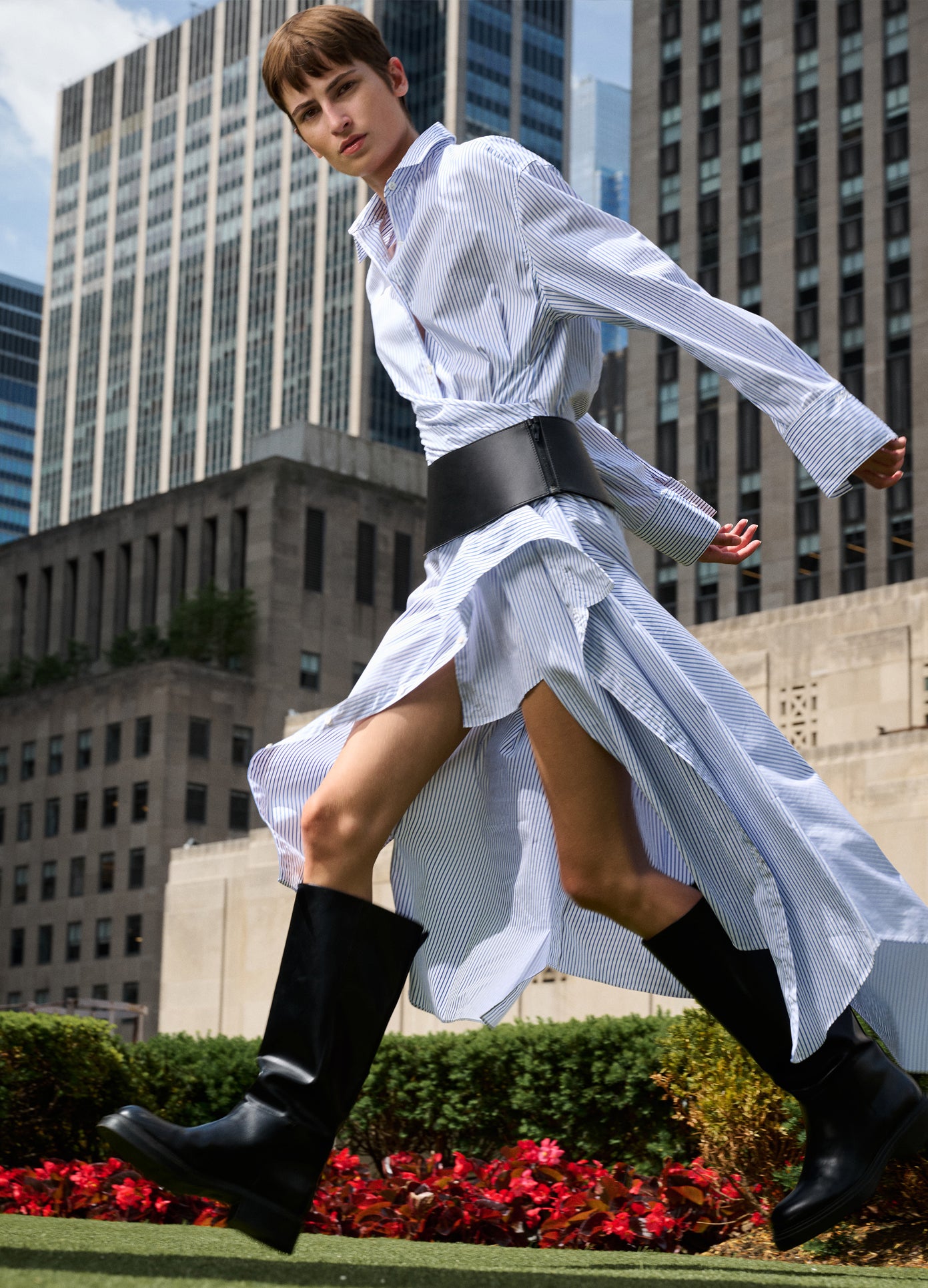 MONSE Cascade Shirt Dress in Ivory and Navy on model editorial image