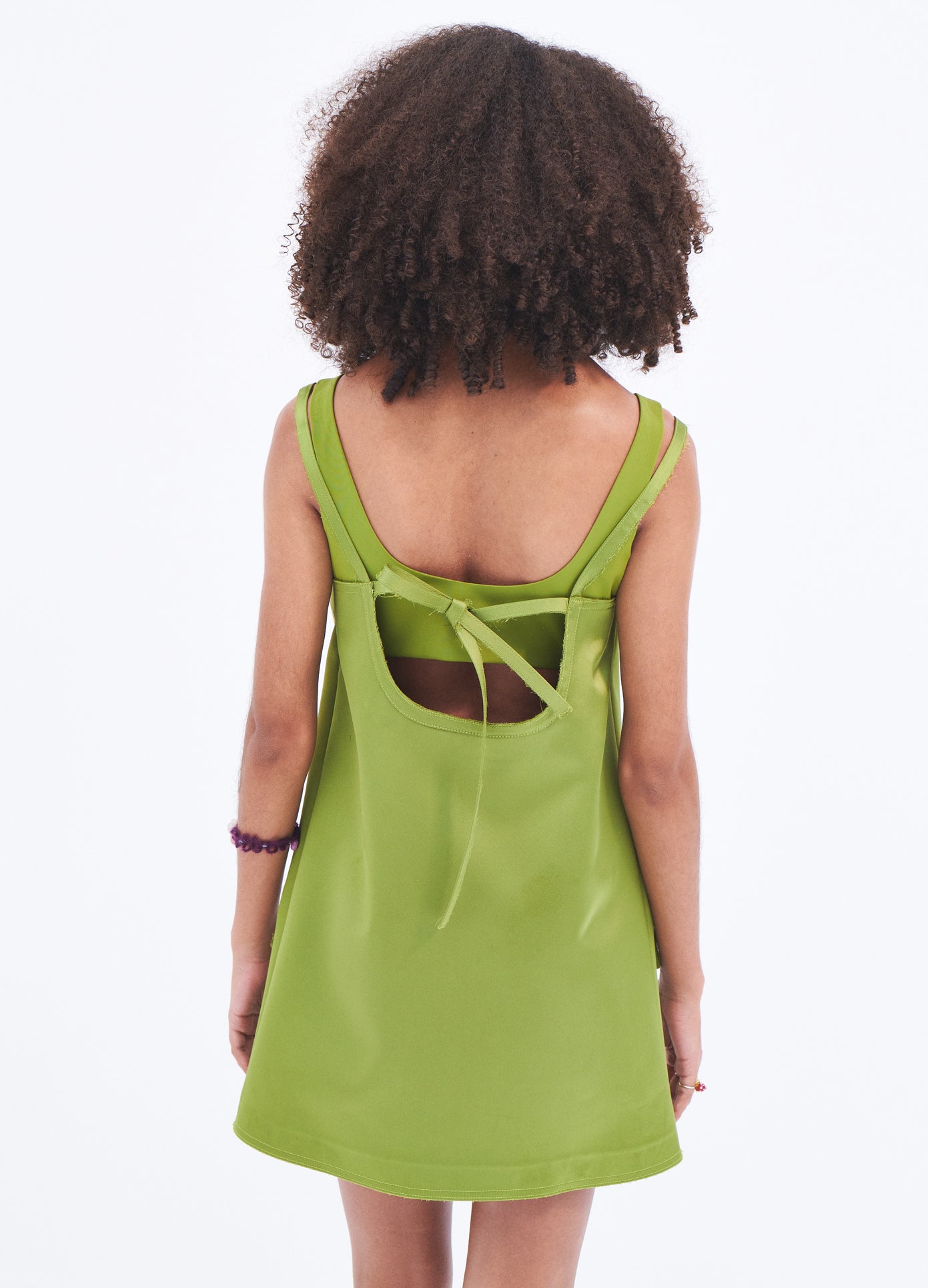 MONSE A-Line Satin Mini Dress in Olive on model back view