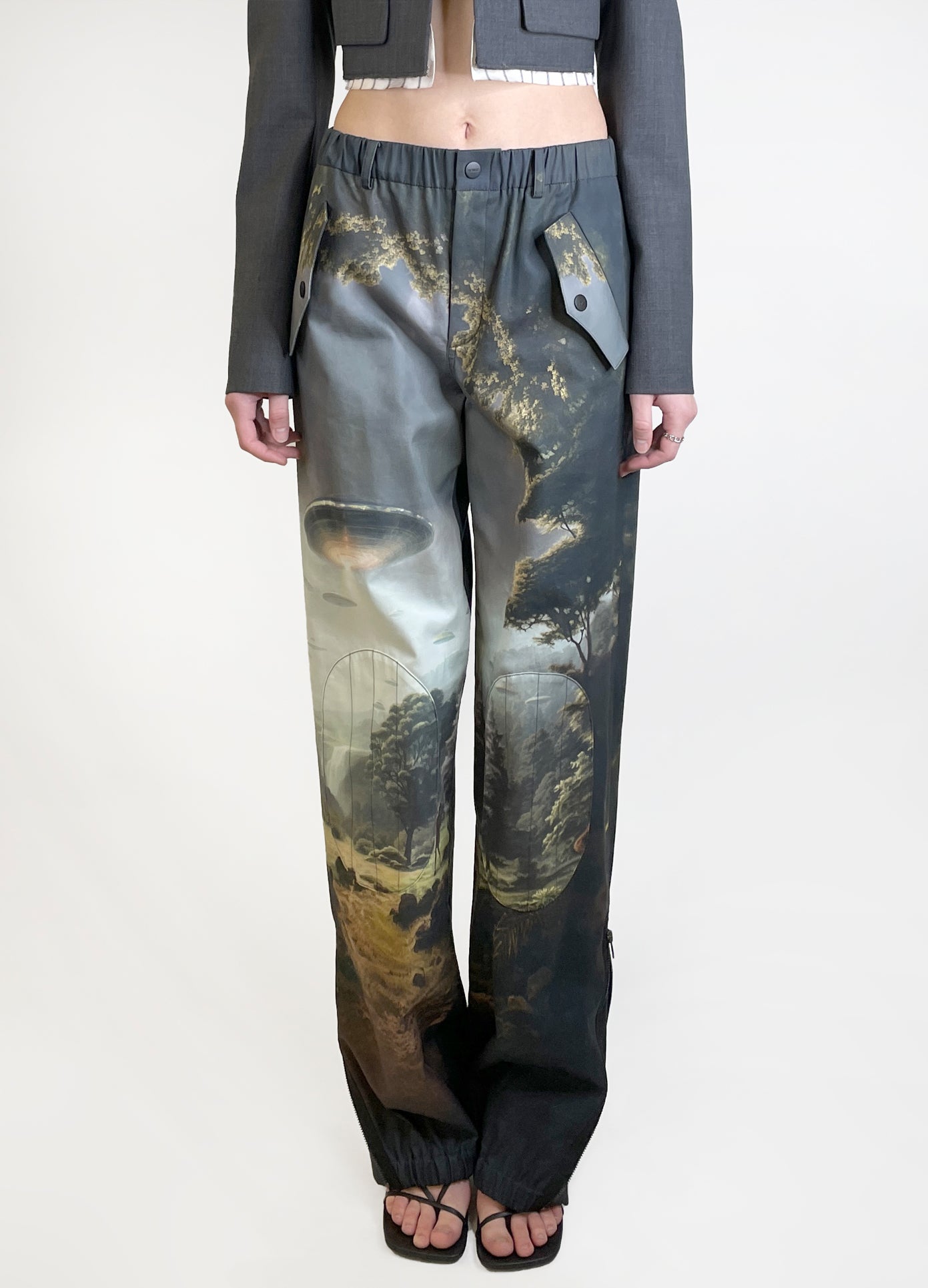 MONSE Alien Printed Pants in Alien Multi Print on model front view