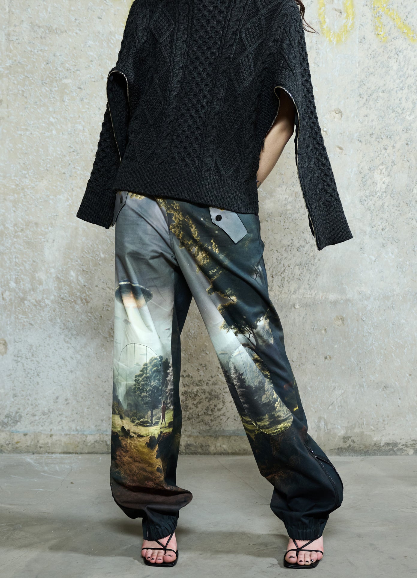 MONSE Alien Printed Pants in Alien Multi Print on model lifestyle image