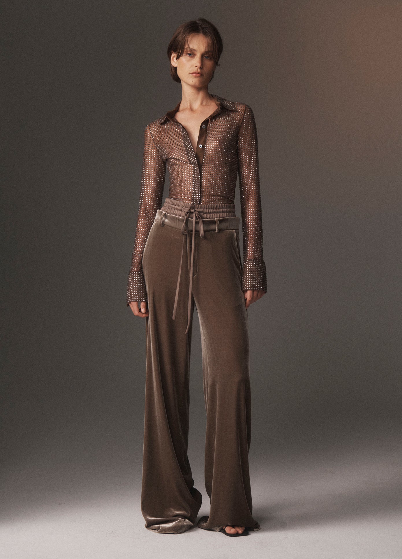 MONSE All Over Crystal Embellished Shirt in brown on model lookbook image
