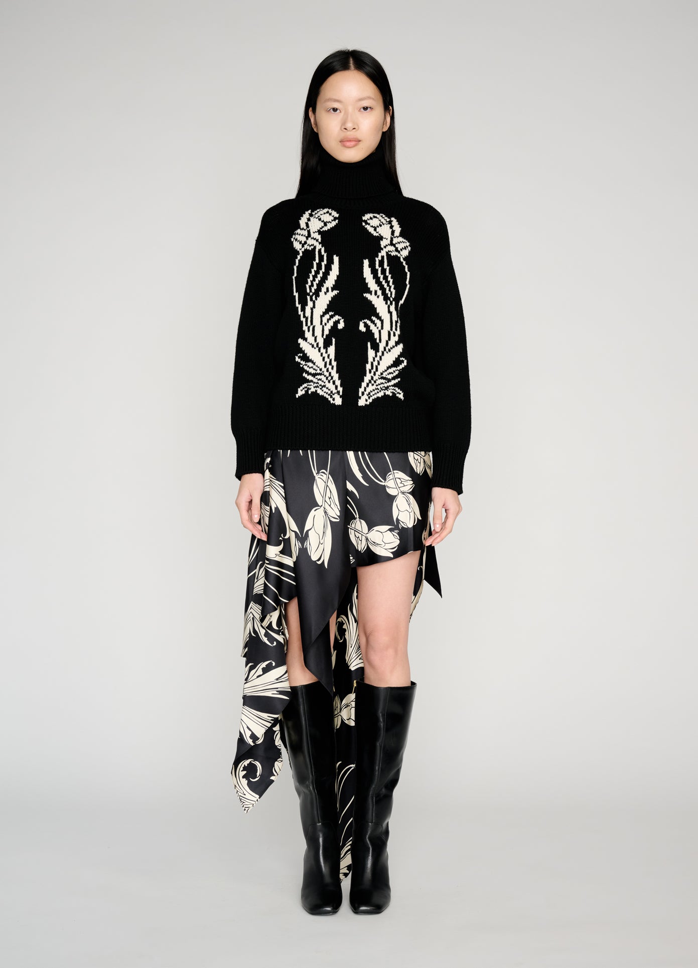 MONSE Art Deco Intarsia Knit Sweater in black on model full front view