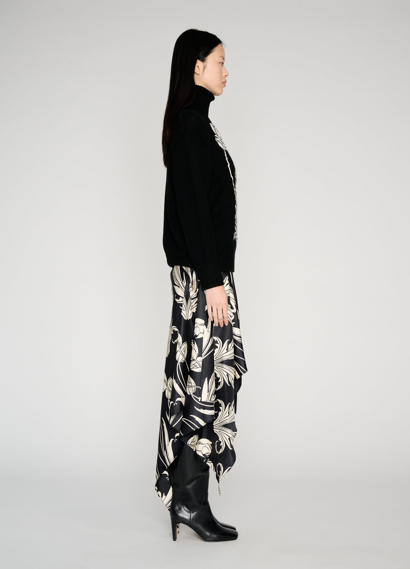 MONSE Art Deco Intarsia Knit Sweater in black on model full side view