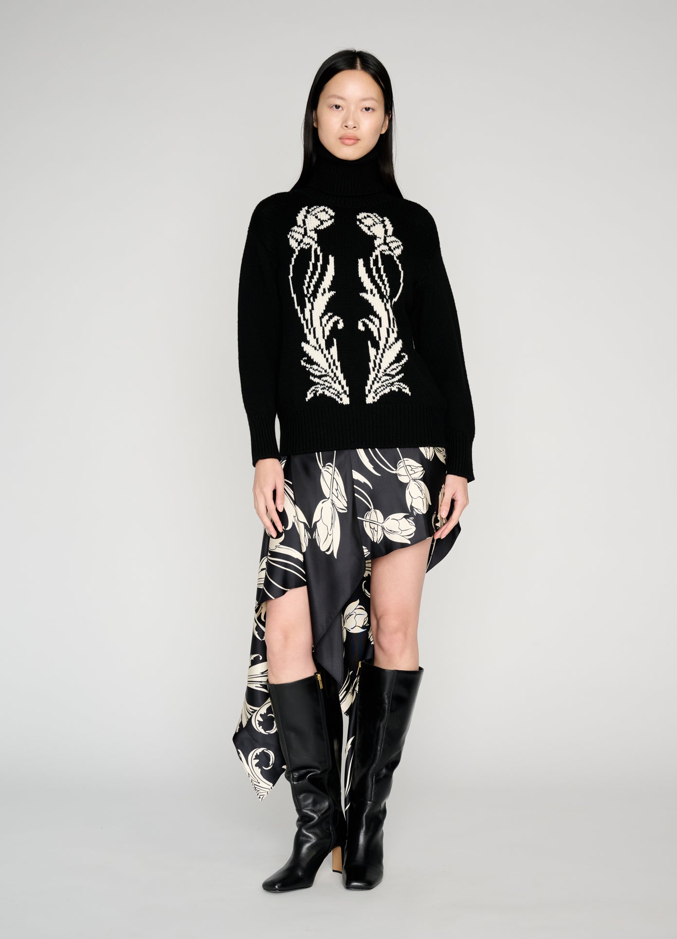 MONSE Art Deco Intarsia Knit Sweater in black on model style full front view