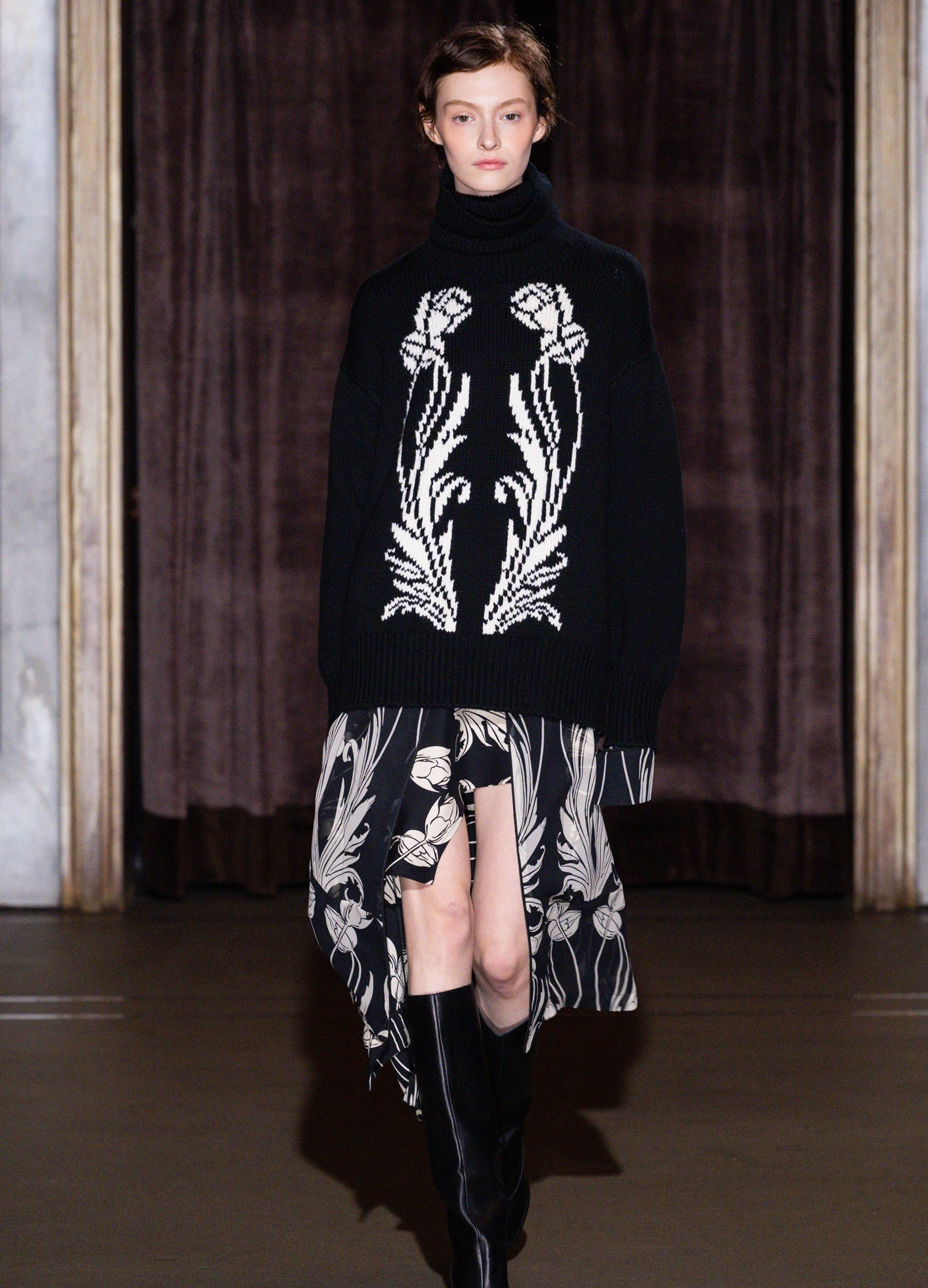 MONSE Art Deco Intarsia Knit Sweeater in black on runway model full front view
