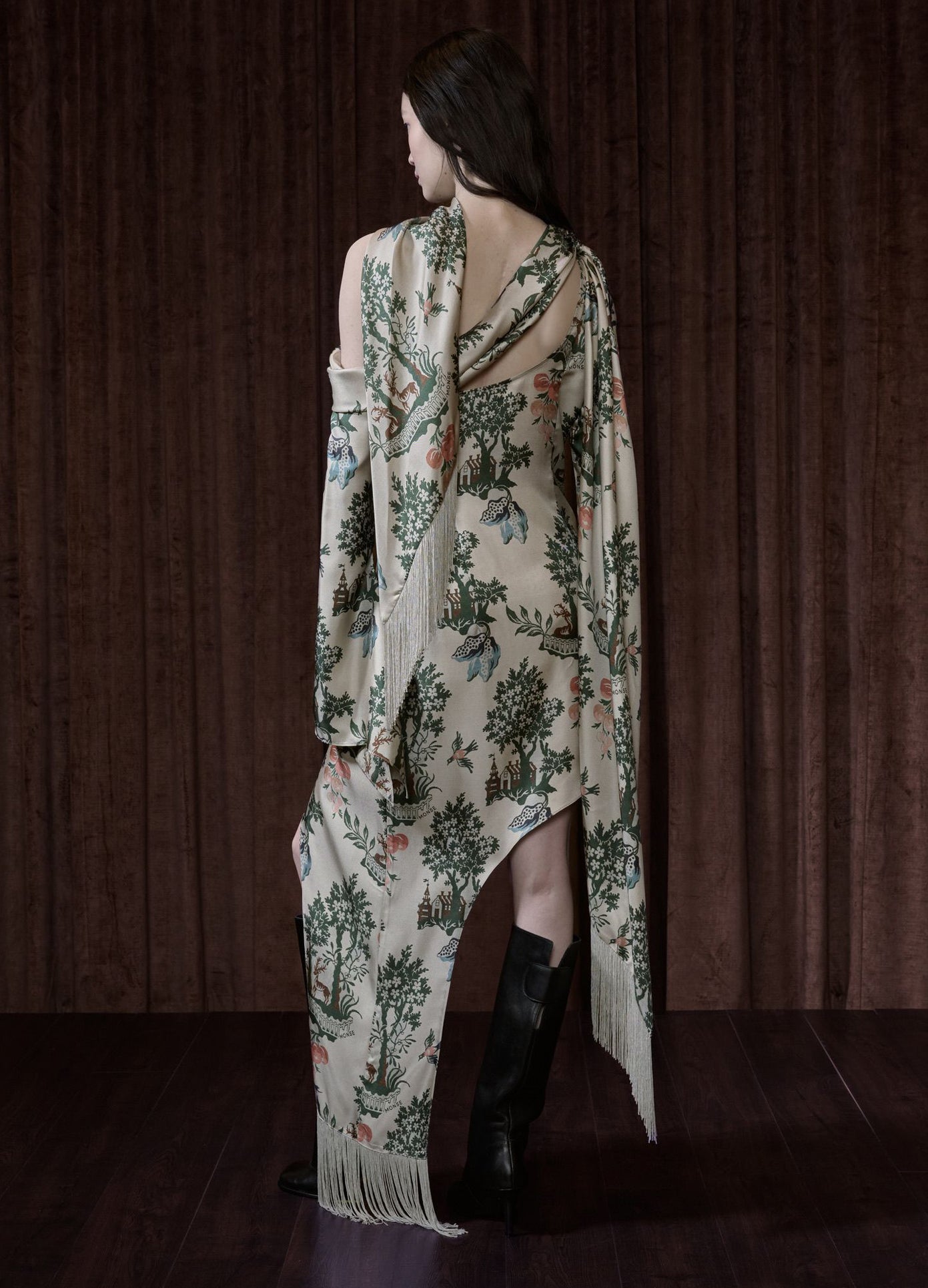 MONSE Asymmetric Hem Scarf Dress in multi on model full back view