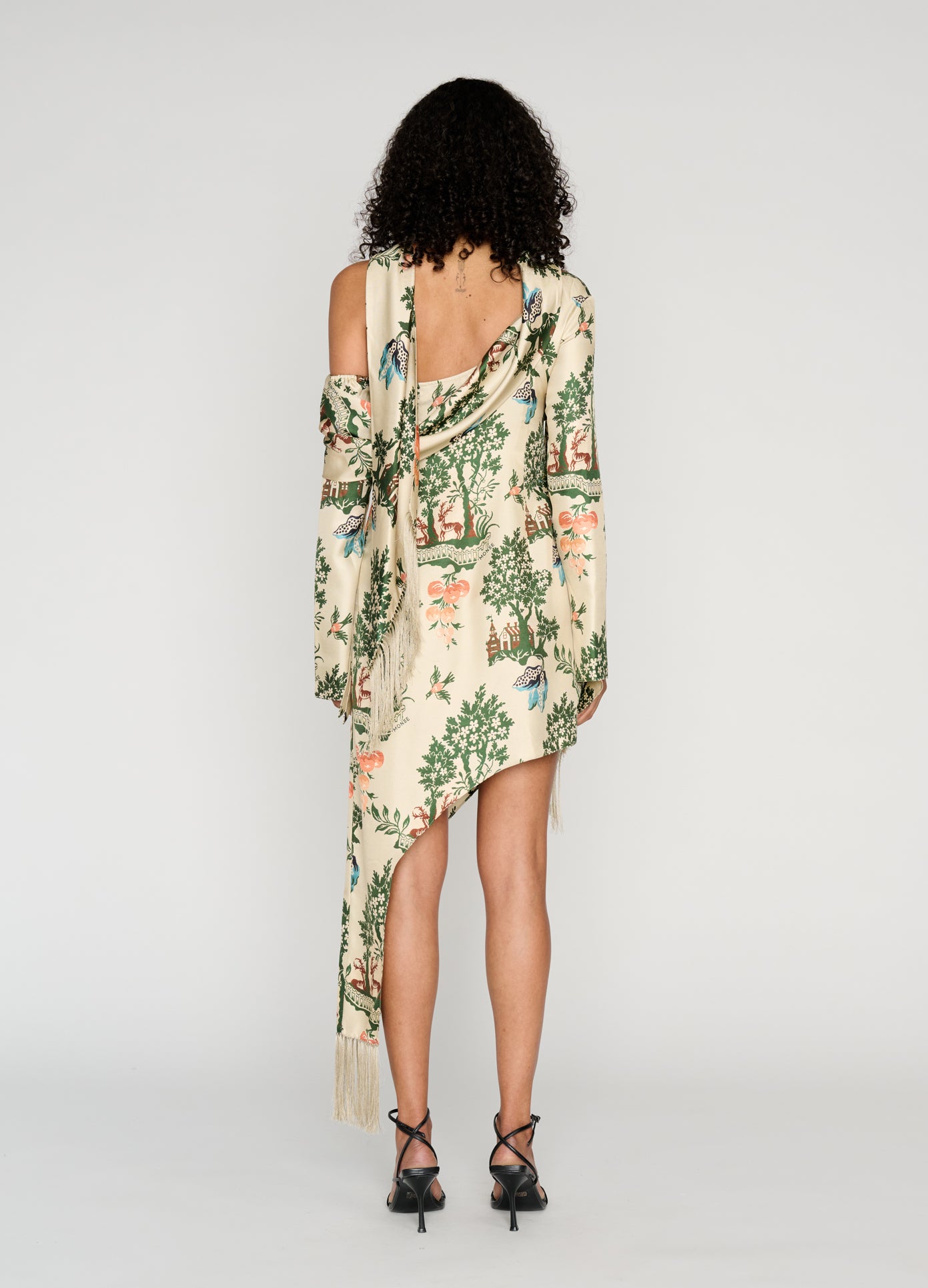MONSE Asymmetric Hem Scarf Dress in multi on model full back view