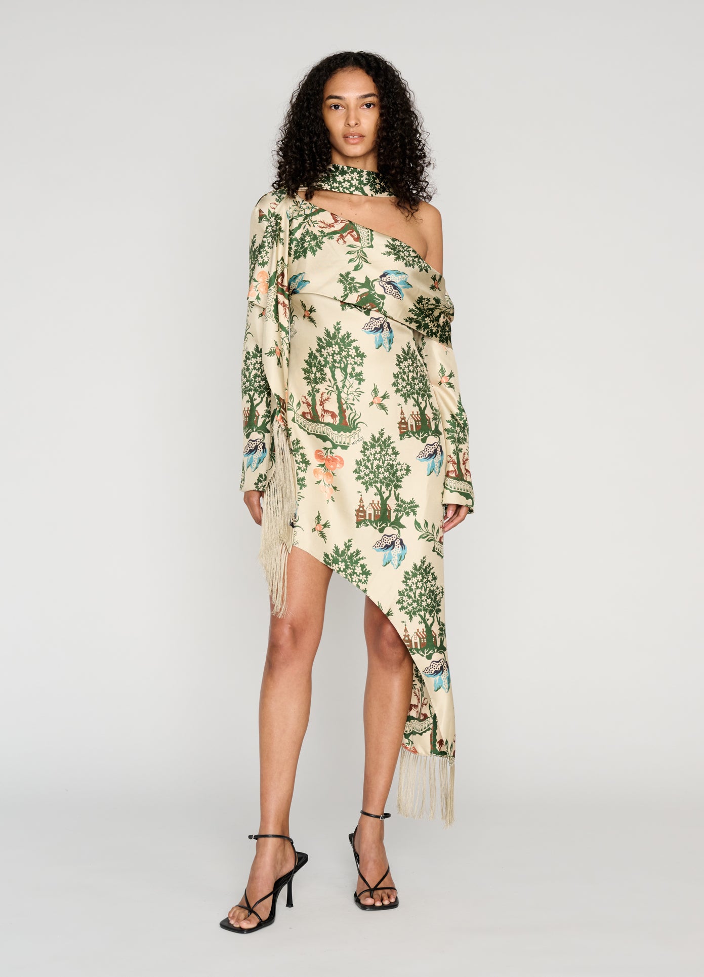 MONSE Asymmetric Hem Scarf Dress in multi on model style full front view