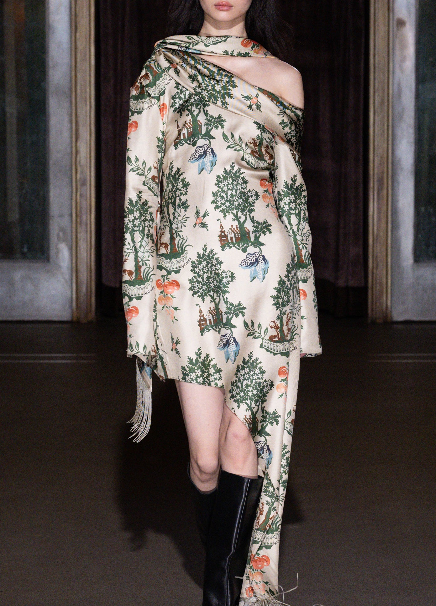 MONSE Asymmetric Hem Scarf Dress in multi on model walking runway