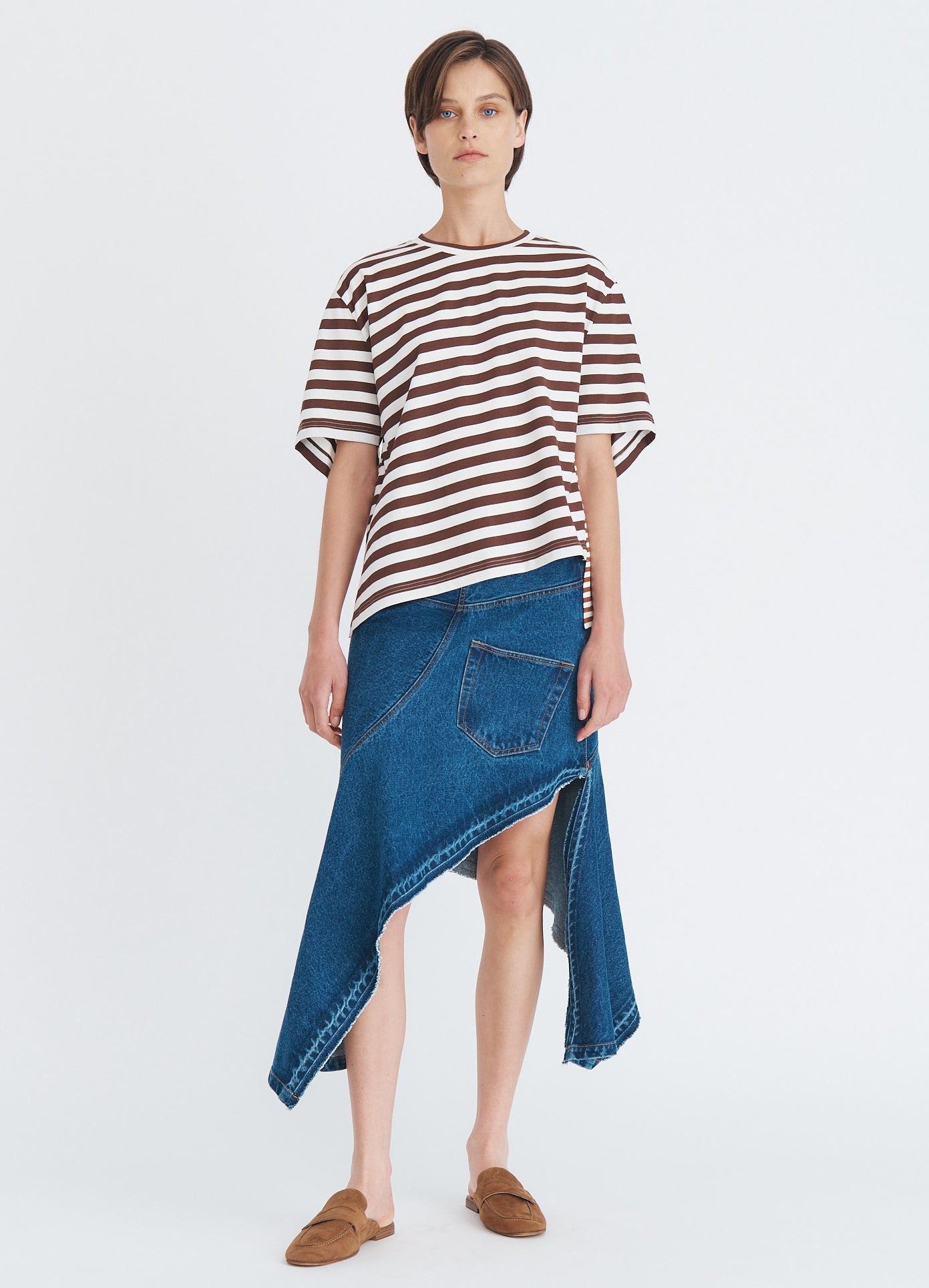 MONSE Asymmetric Twisted T-Shirt in umber on model full front view