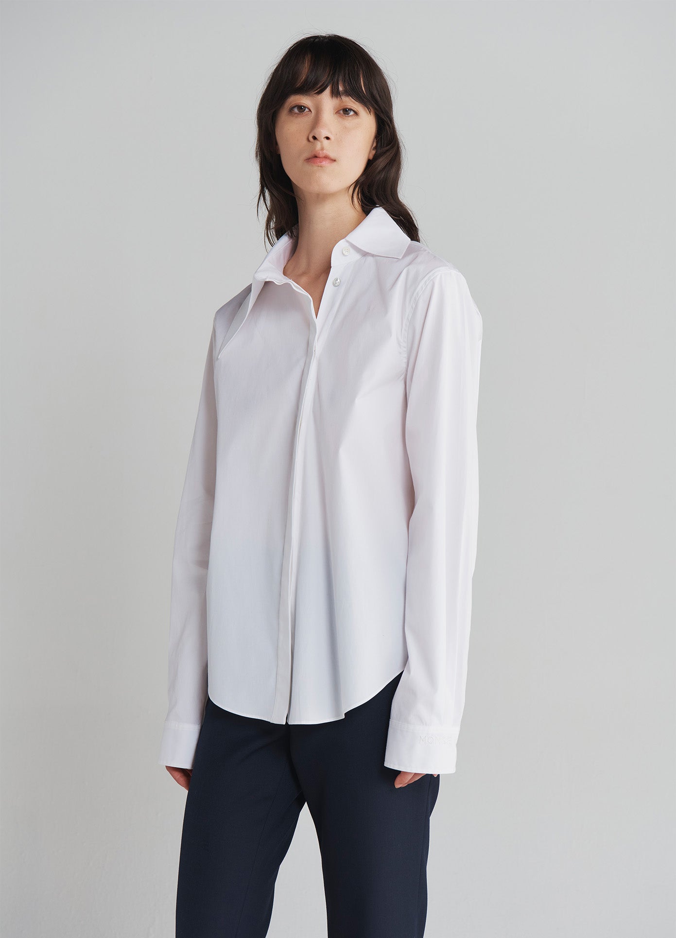 MONSE Asymmetrical Collar Shirt in Ivory on model front view