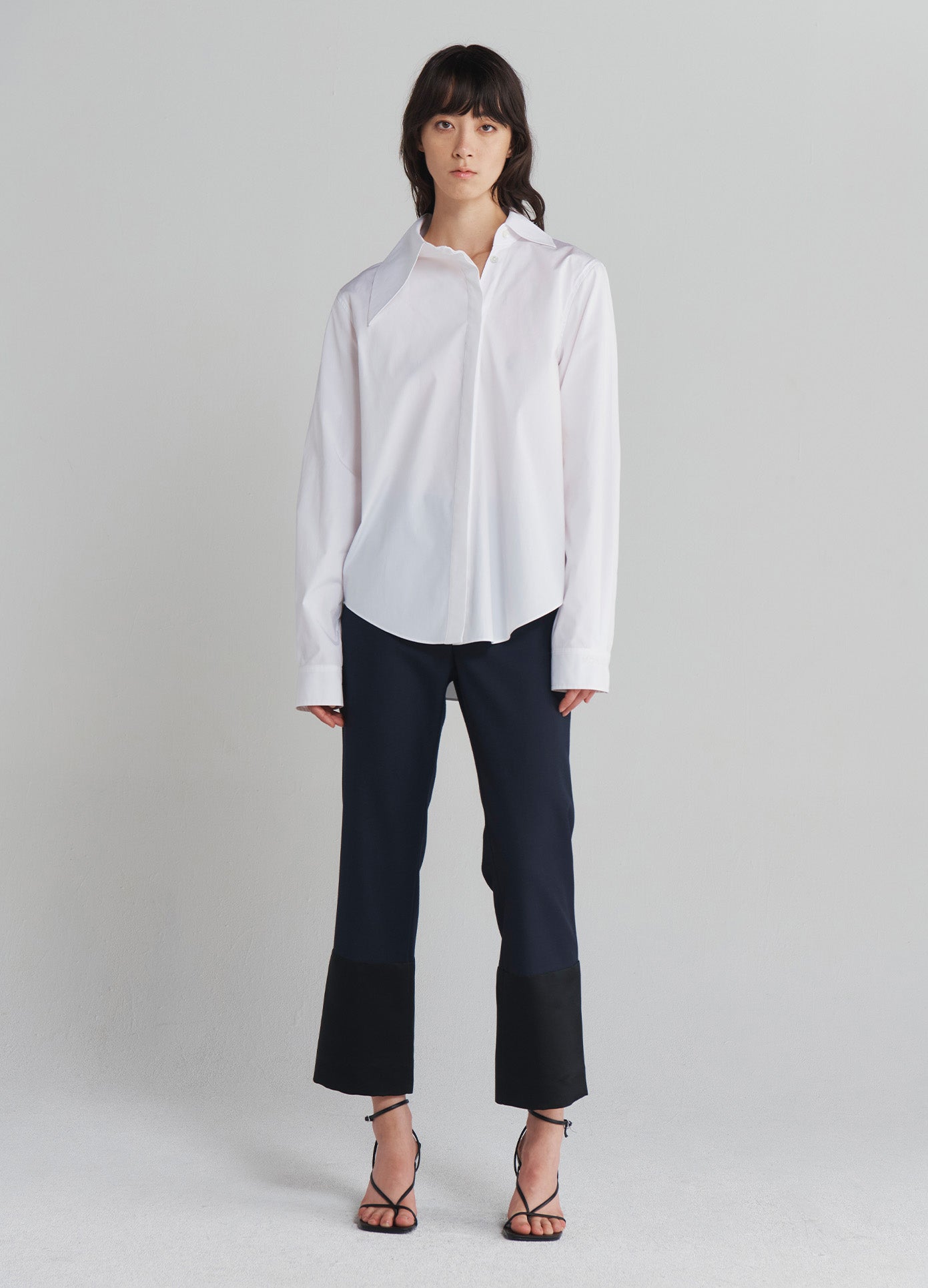 MONSE Asymmetrical Collar Shirt in Ivory on model full front view