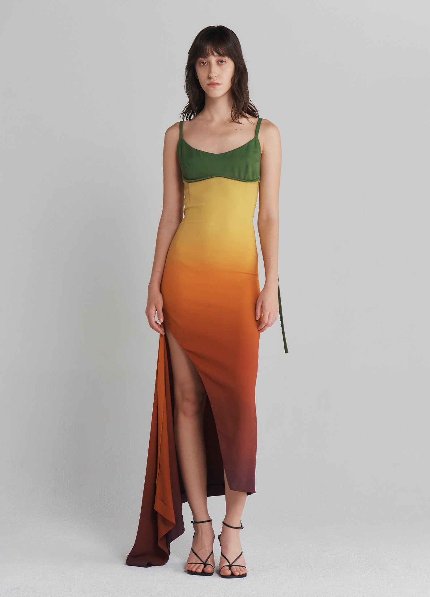 MONSE Back Cut Out Ombré Jersey Dress in Rust Ombré on model full front view