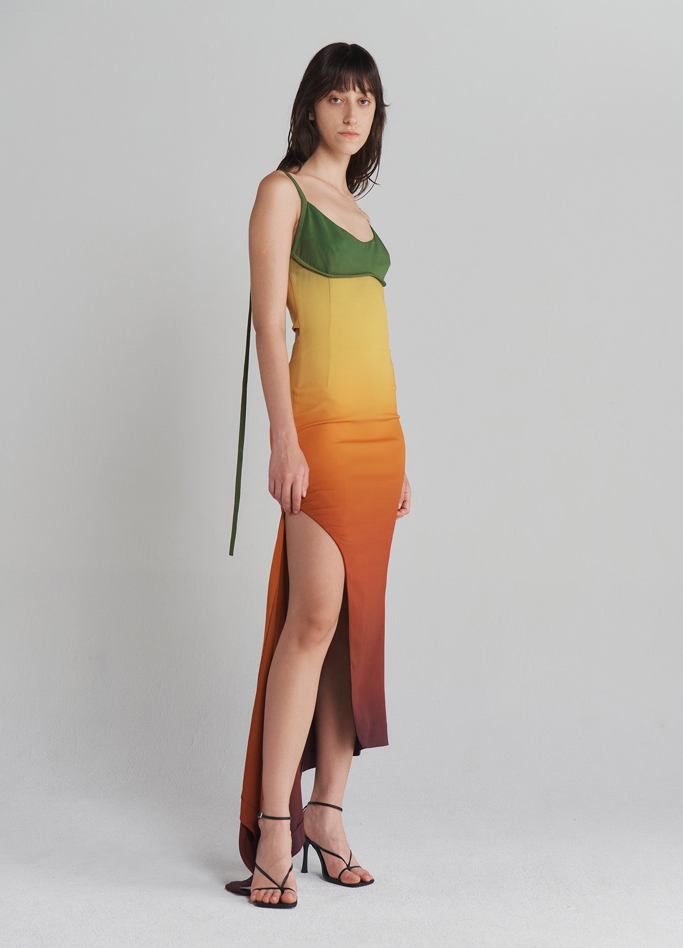 MONSE Back Cut Out Ombré Jersey Dress in Rust Ombré on model full side view