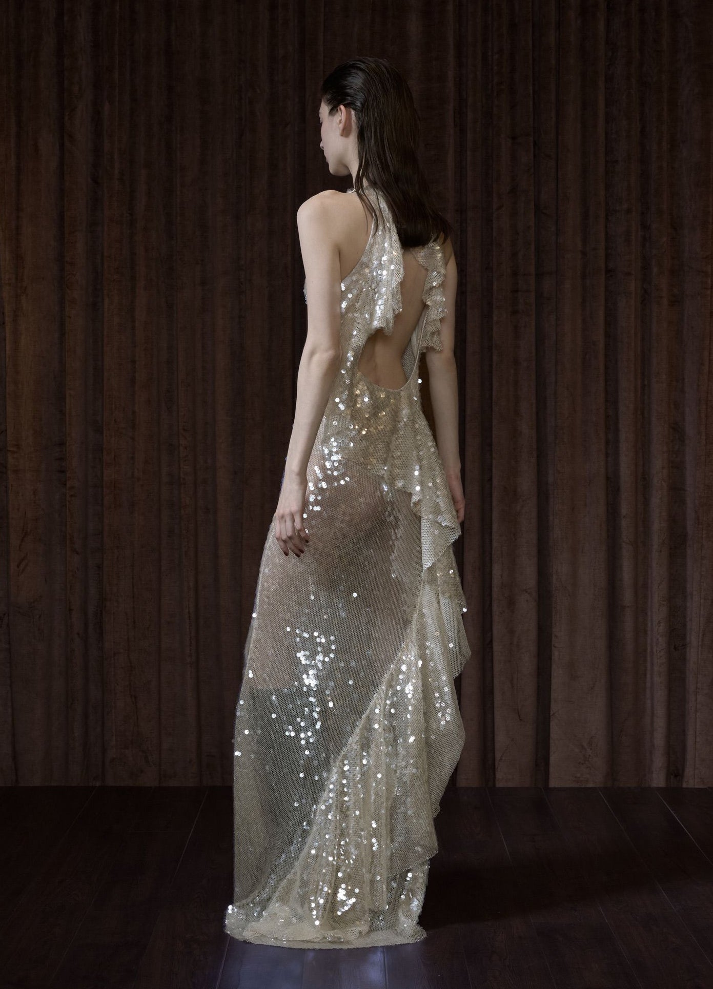 MONSE Backless Cascade Sequin Dress in nude on model full back view