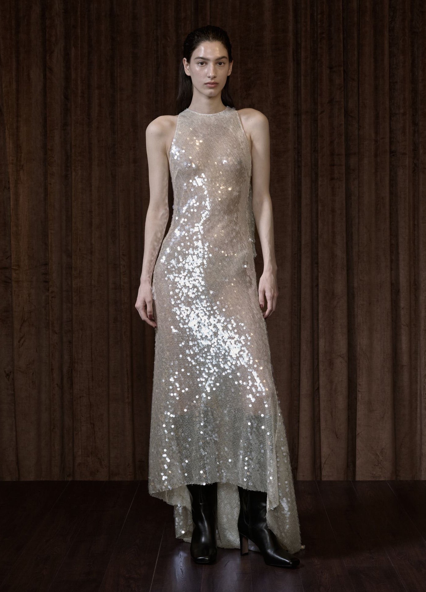 MONSE Backless Cascade Sequin Dress in nude on runway model full front view