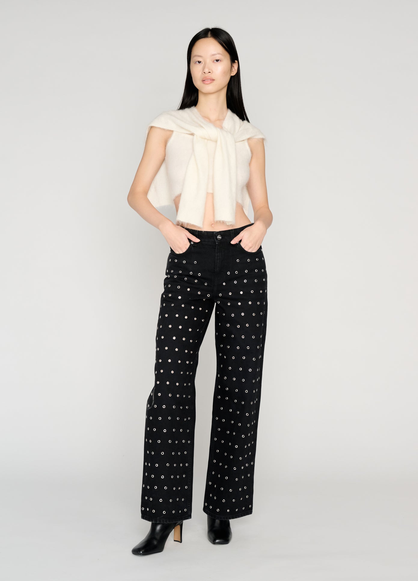 MONSE Black Denim Jean With Grommets on model style full front view