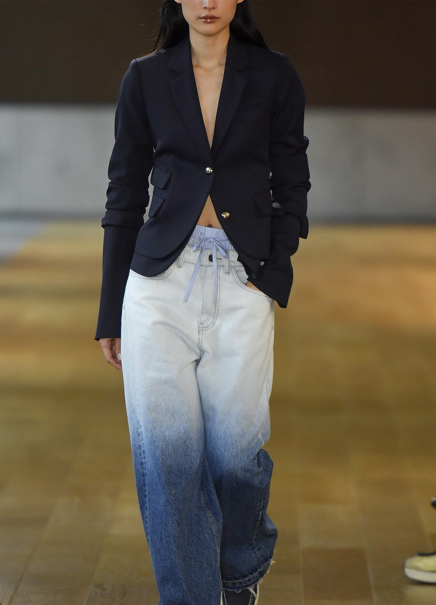 MONSE Bleached Double Waistband Denim in indigo as featured in the runway show