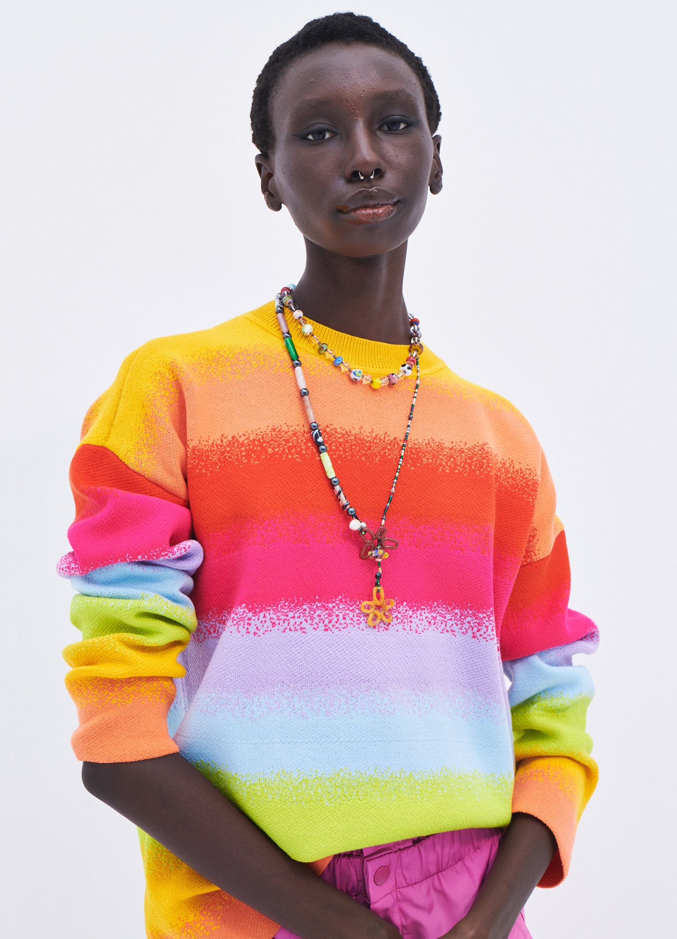 MONSE Blurry Stripe Sweater in Multi Colors on model front detail view