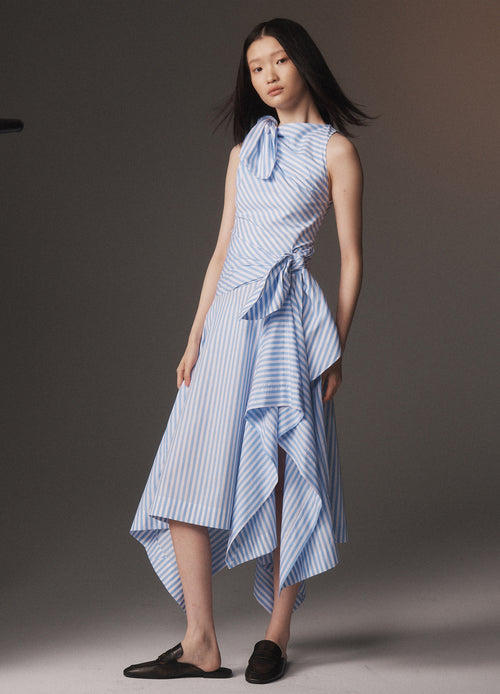 MONSE Bow Drape Shirting Cascade Dress in sky blue on model lookbook image