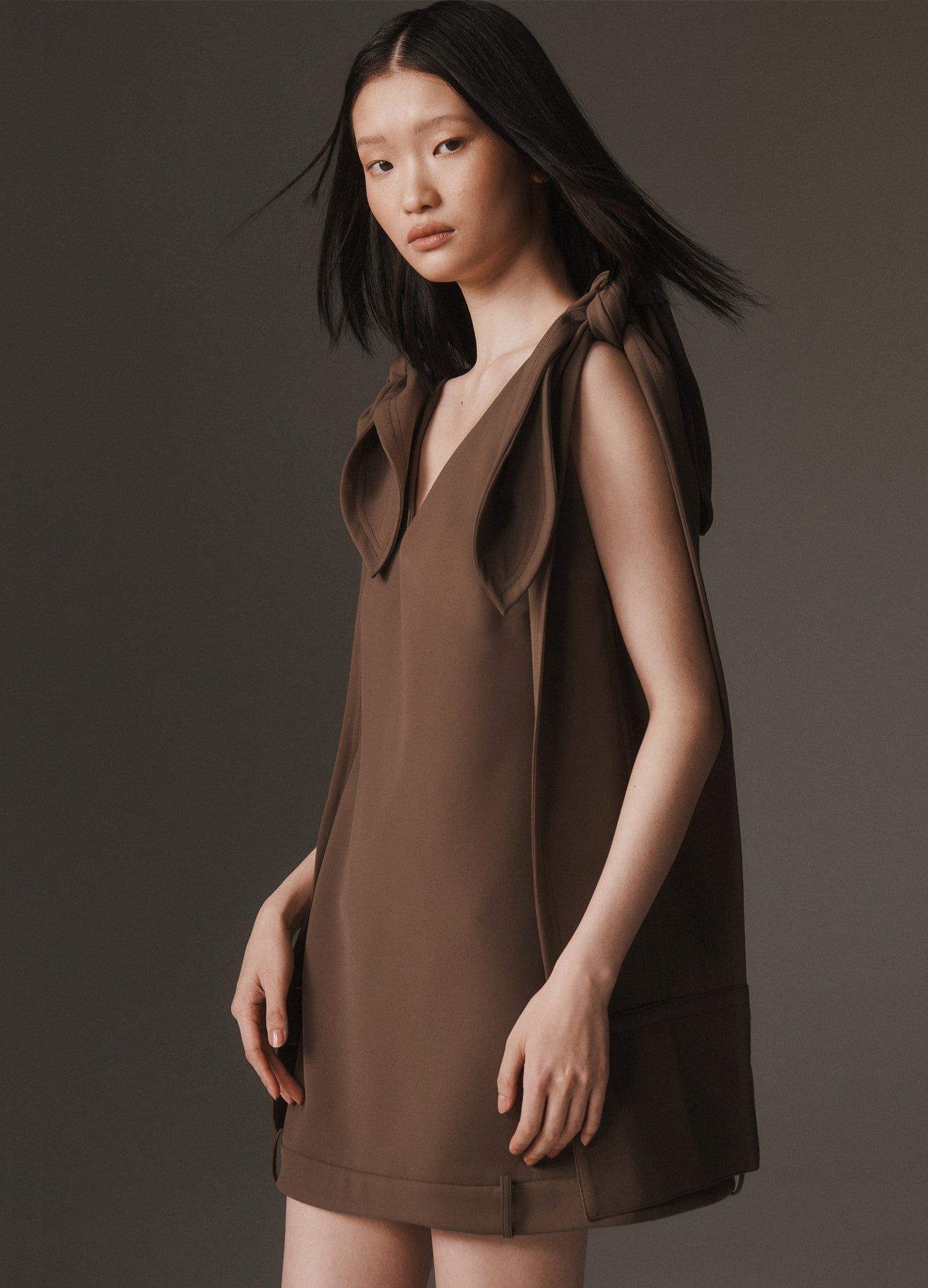 MONSE Bow-Tie Sleeve Mini Dress in teak on model lookbook image