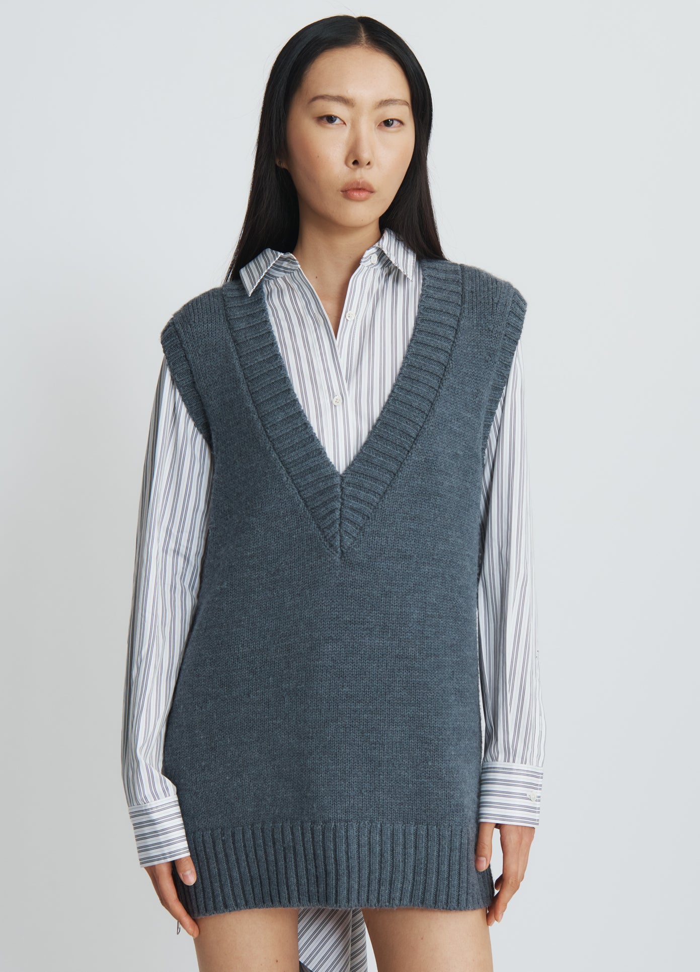 MONSE Boxy Sleeveless V-Neck Sweater in charcoal on model front view