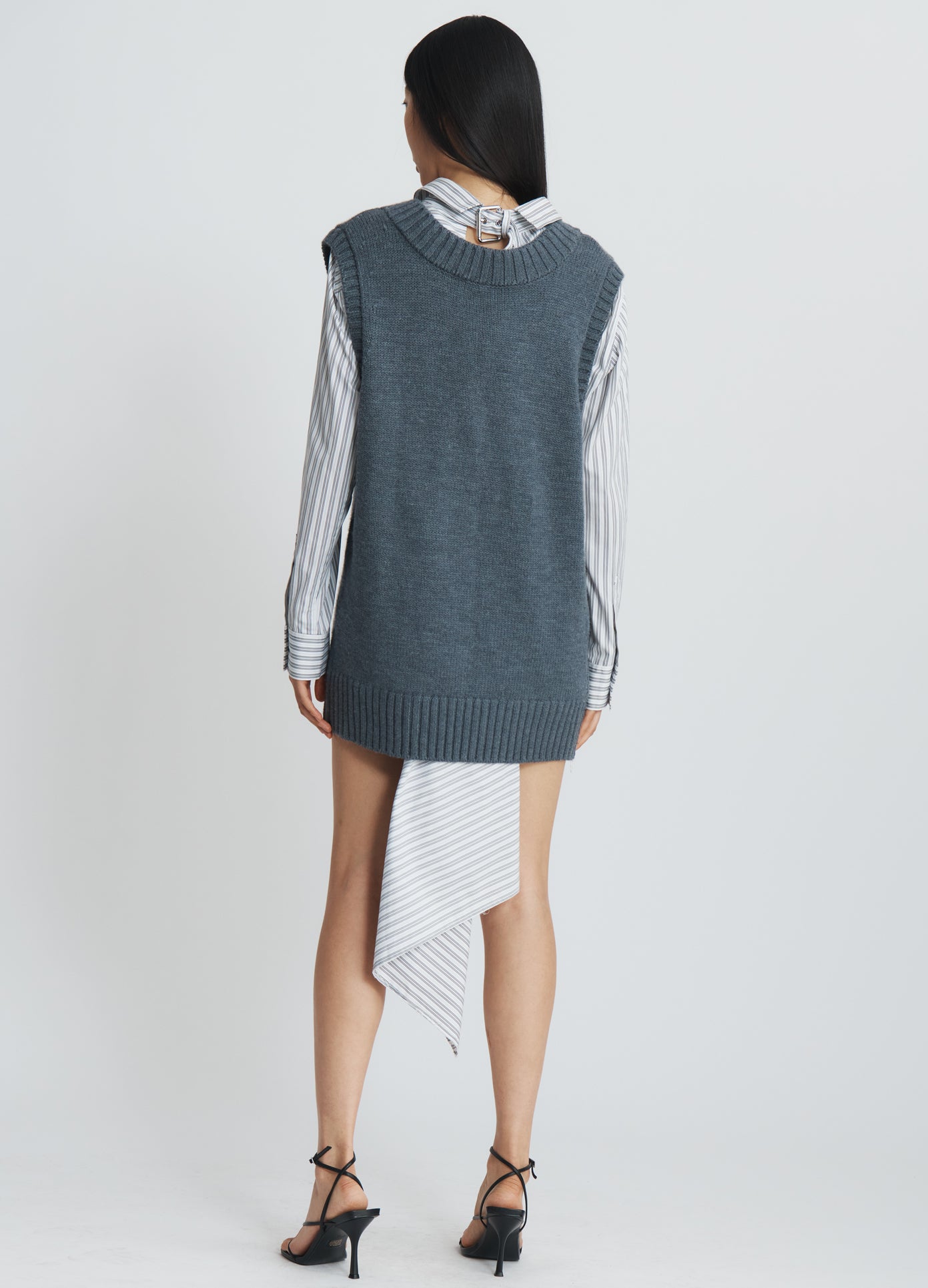 MONSE Boxy Sleeveless V-Neck Sweater in charcoal on model full back view