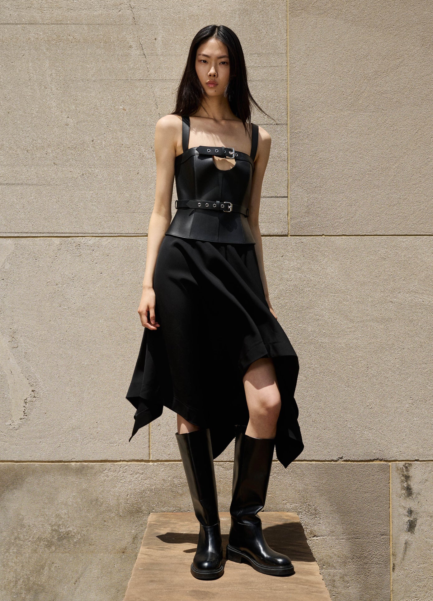 MONSE Buckled Leather Bustier in Black on model editorial image