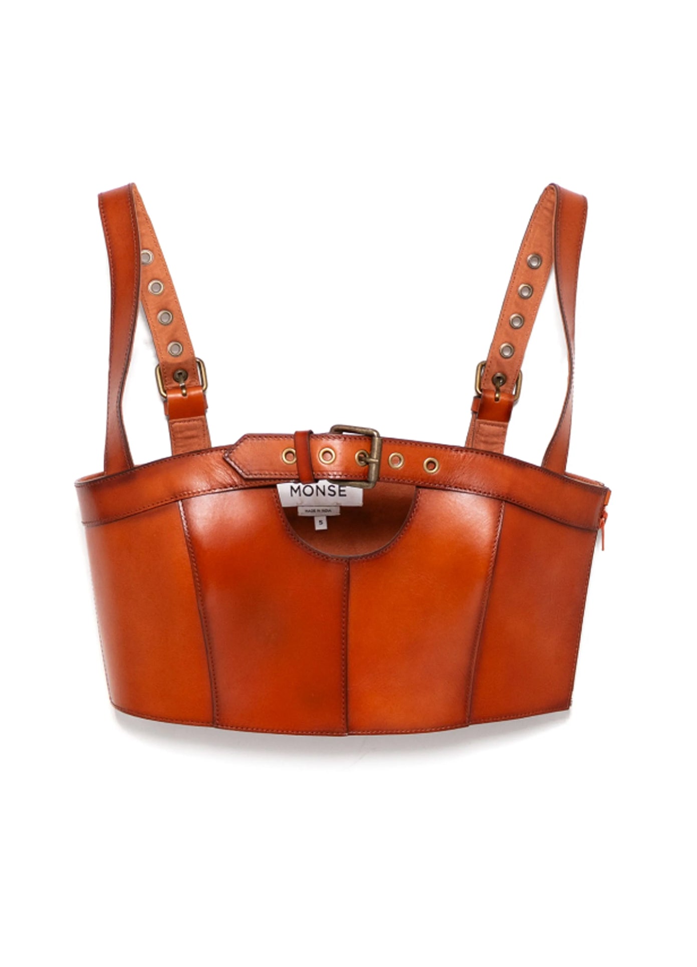MONSE Buckled Leather Bustier in brown flat front 