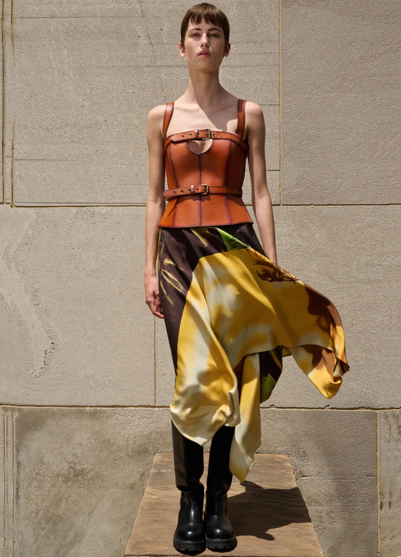 MONSE Buckled Leather Bustier in brown on model lookbook image