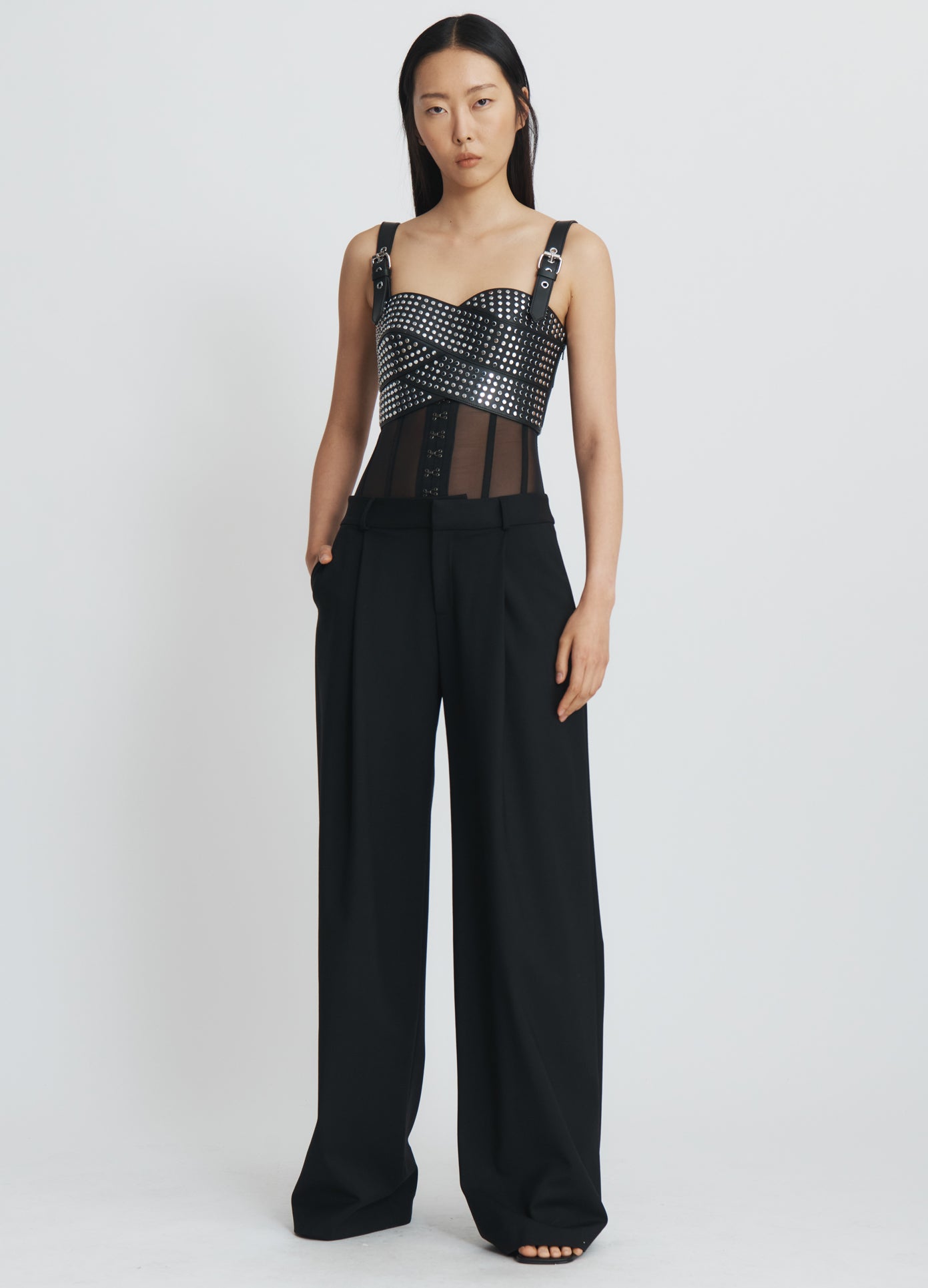 MONSE Bustier Trousers in black on model full front view