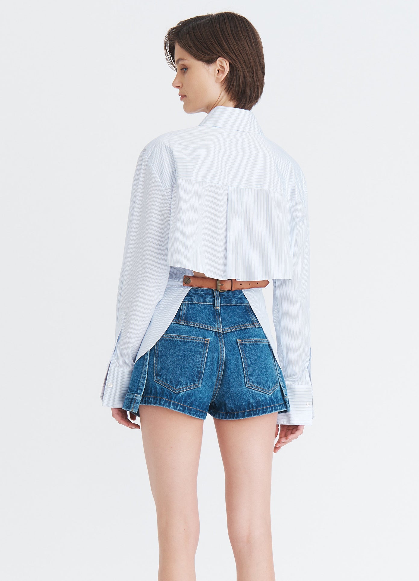 MONSE Button Down With Back Belt in blue multi on model back view