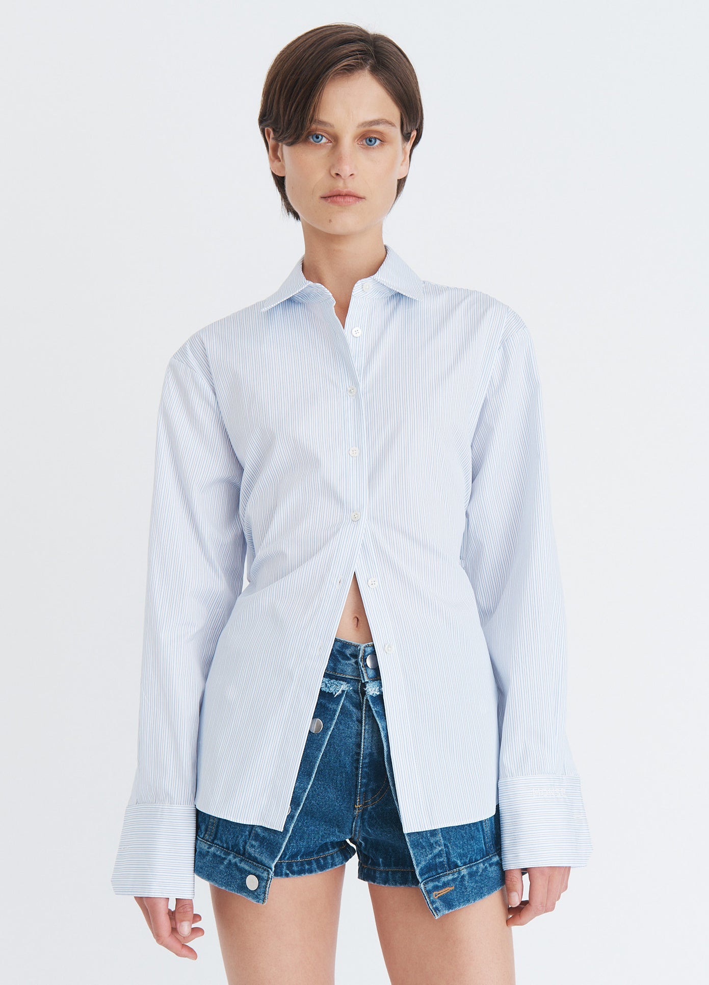 MONSE Button Down With Back Belt in blue multi on model front view
