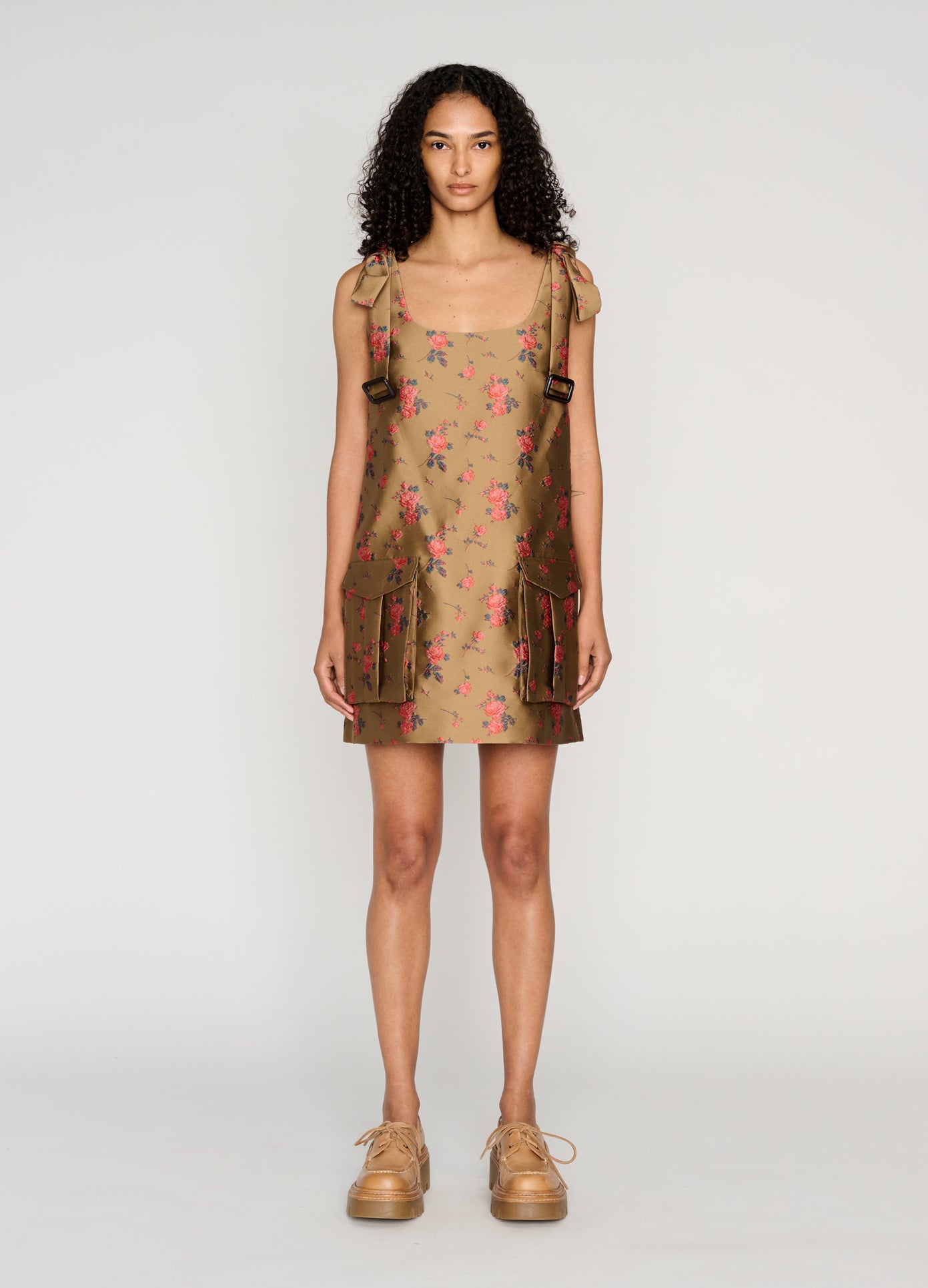 MONSE Cargo Mini Dress in brown on model full front view