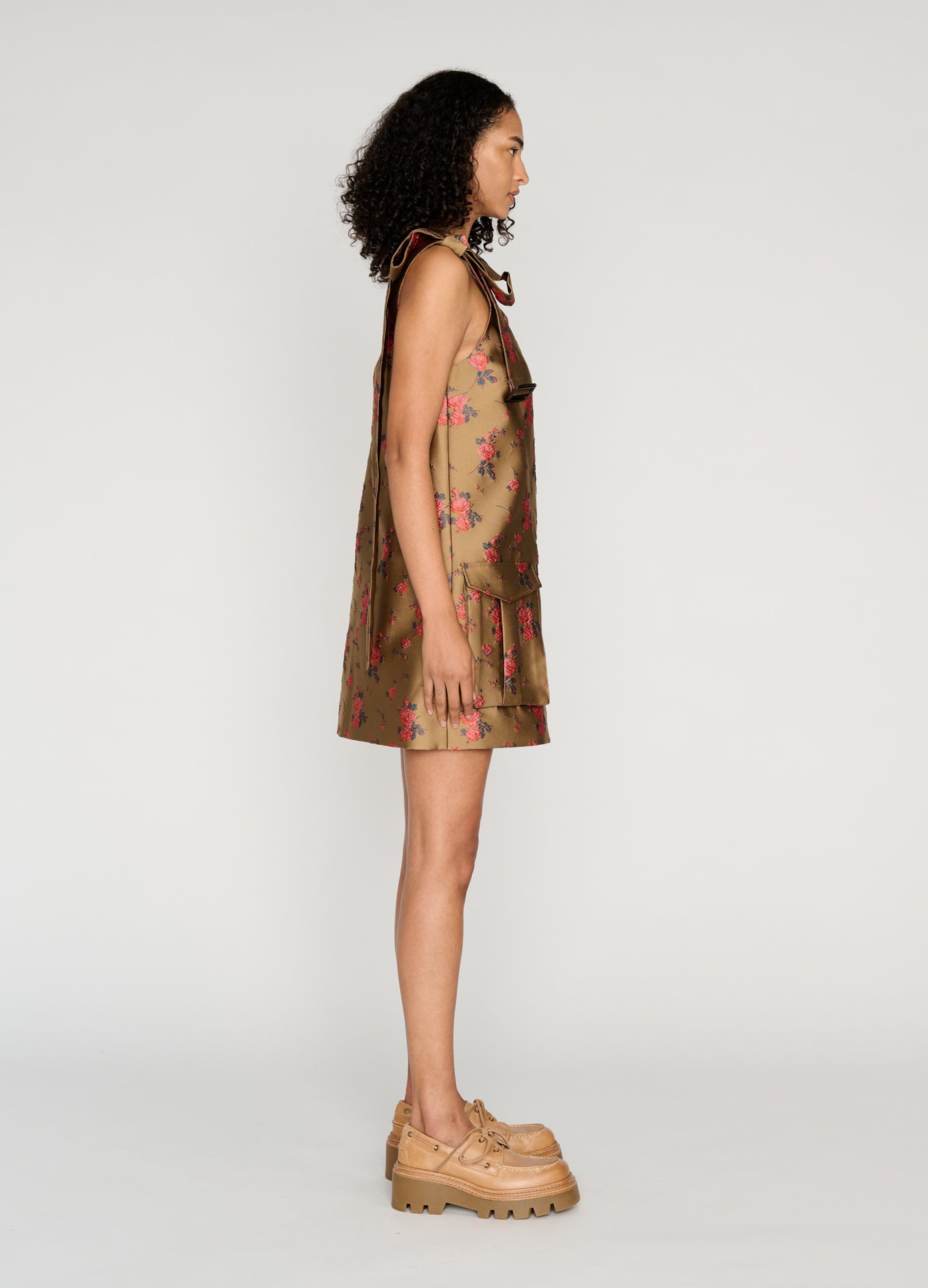 MONSE Cargo Mini Dress in brown on model full side view