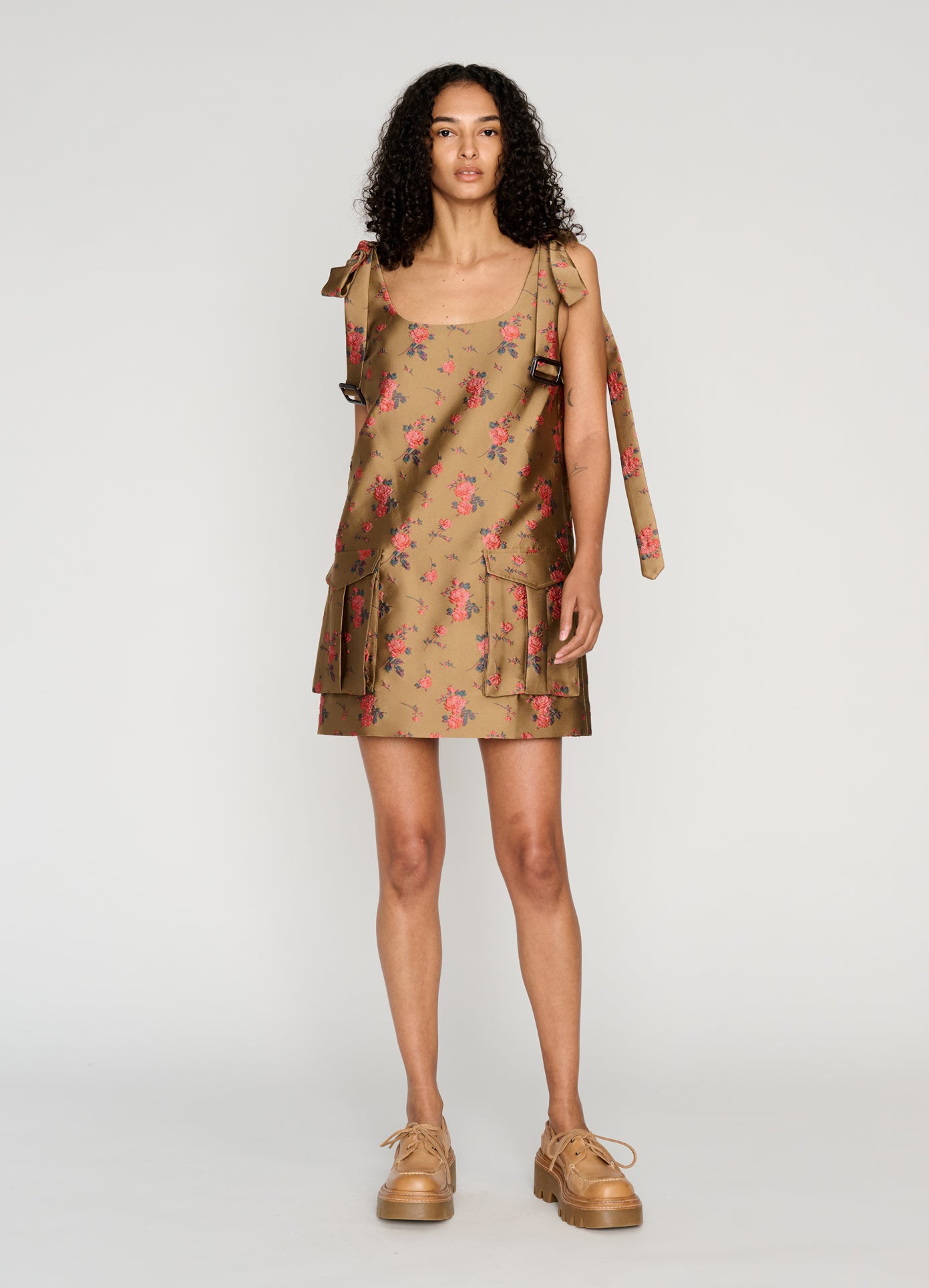 MONSE Cargo Mini Dress in brown on model style full front view