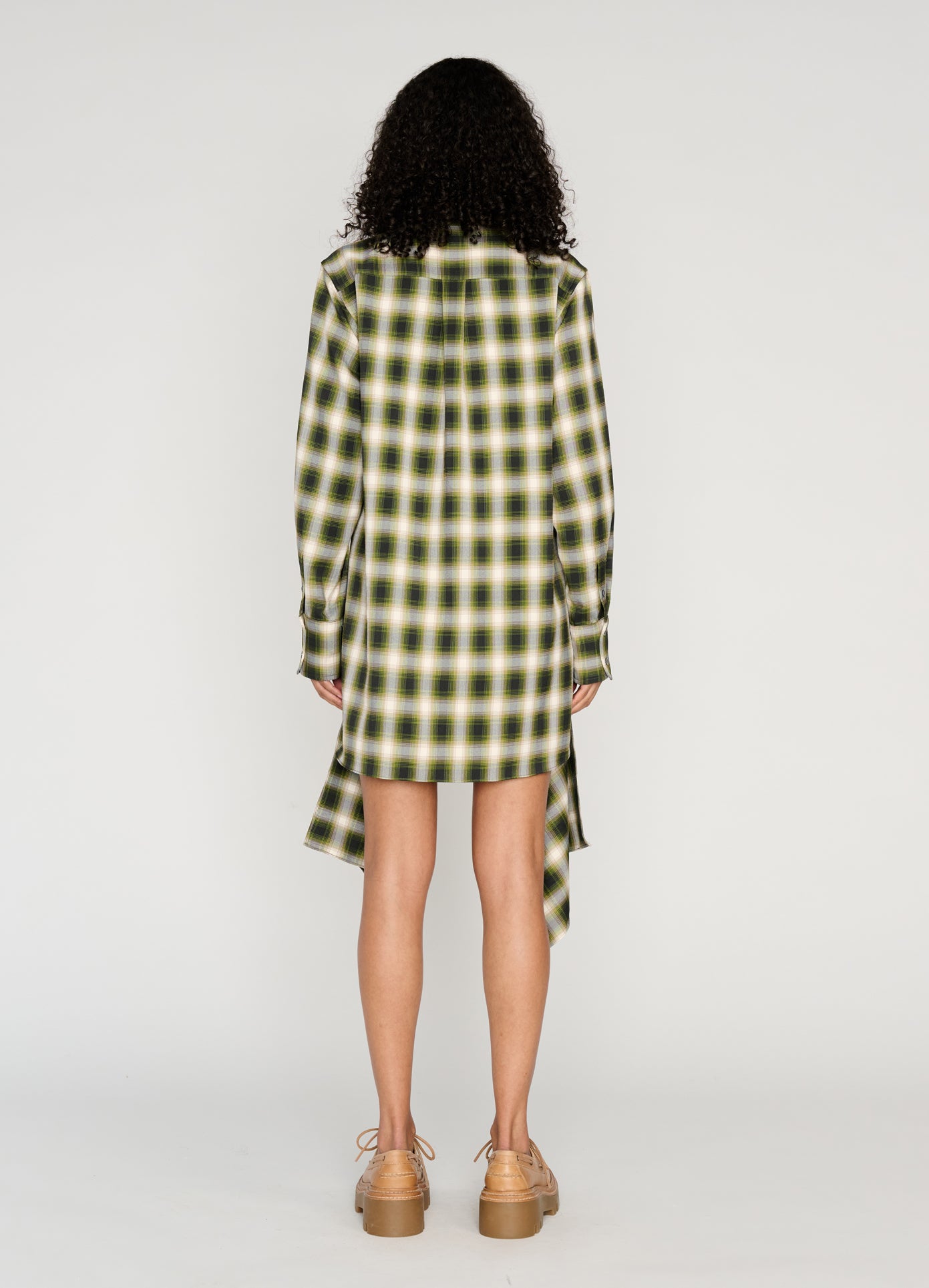 MONSE Cascade Front Shirt Dress in green on model full back view