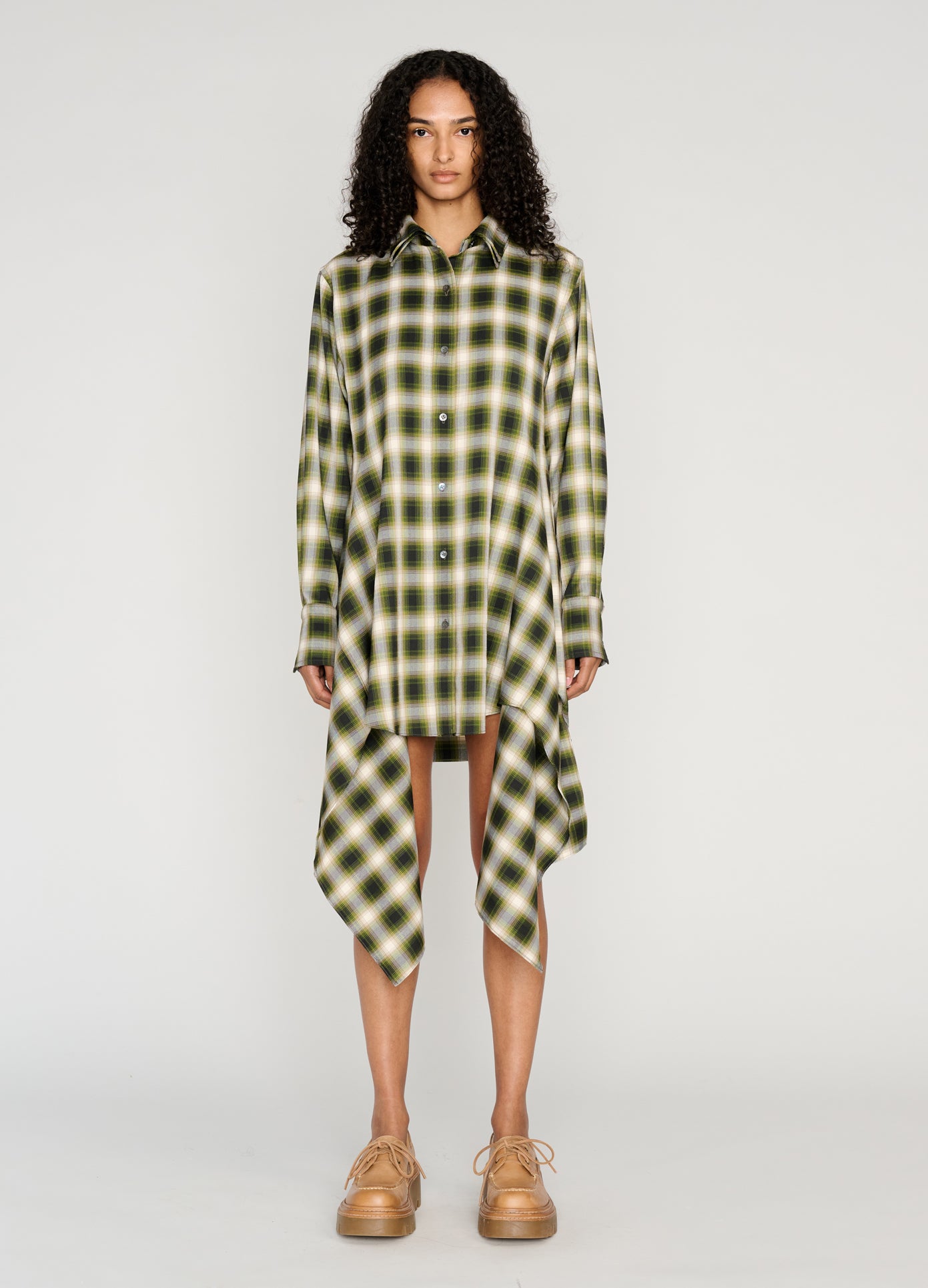 MONSE Cascade Front Shirt Dress in green on model full front view