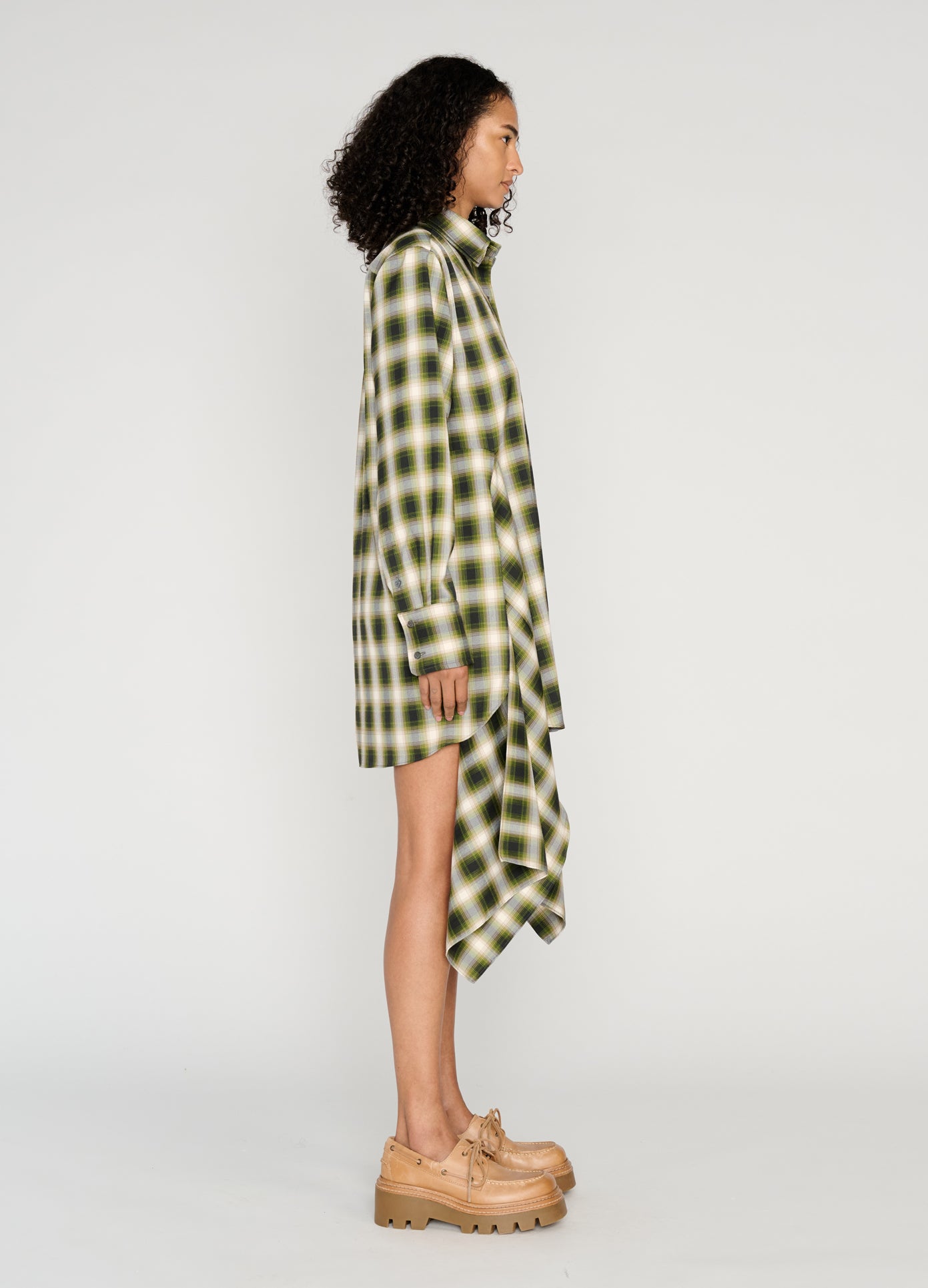 MONSE Cascade Front Shirt Dress in green on model full side view