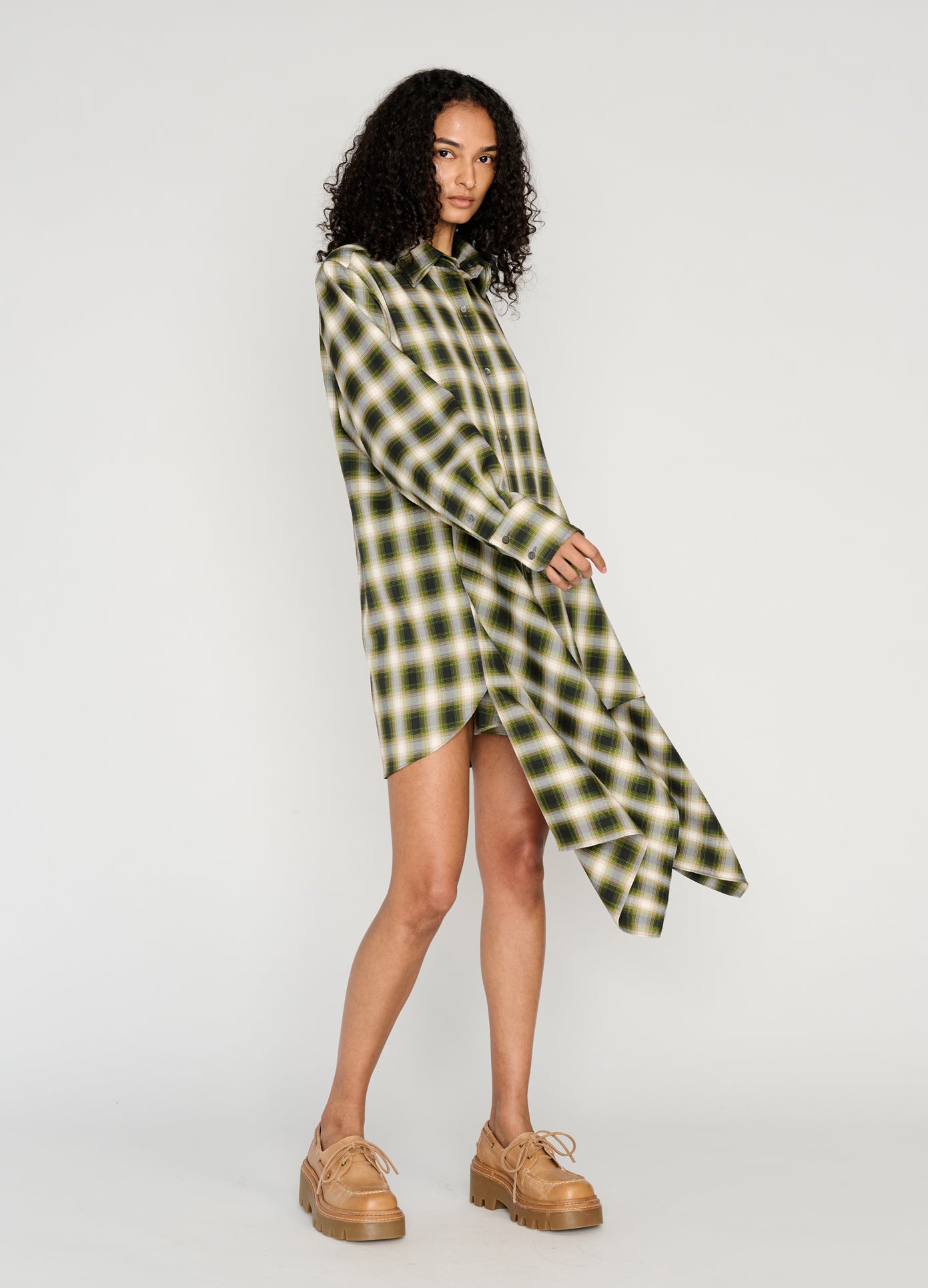 MONSE Cascade Front Shirt Dress in green on model style full front view