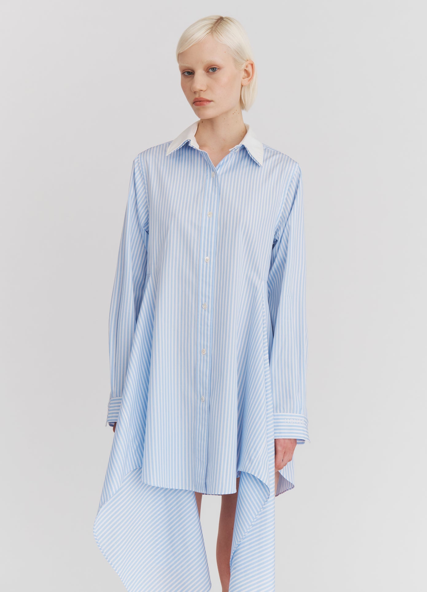 MONSE Cascade Front Shirt in Light Blue Stripe on model front view