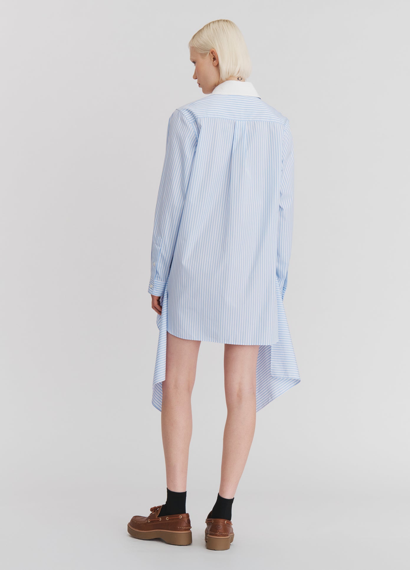 MONSE Cascade Front Shirt in Light Blue Stripe on model full back view