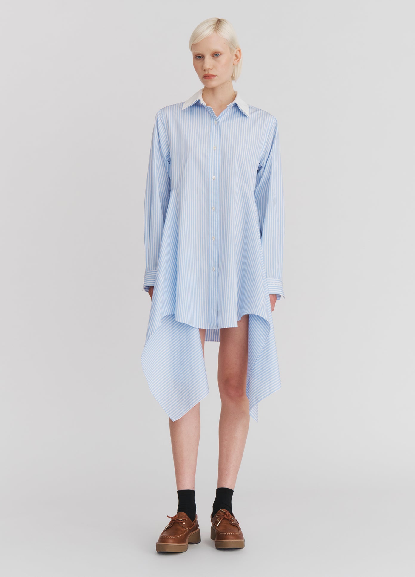 MONSE Cascade Front Shirt in Light Blue Stripe on model full front view