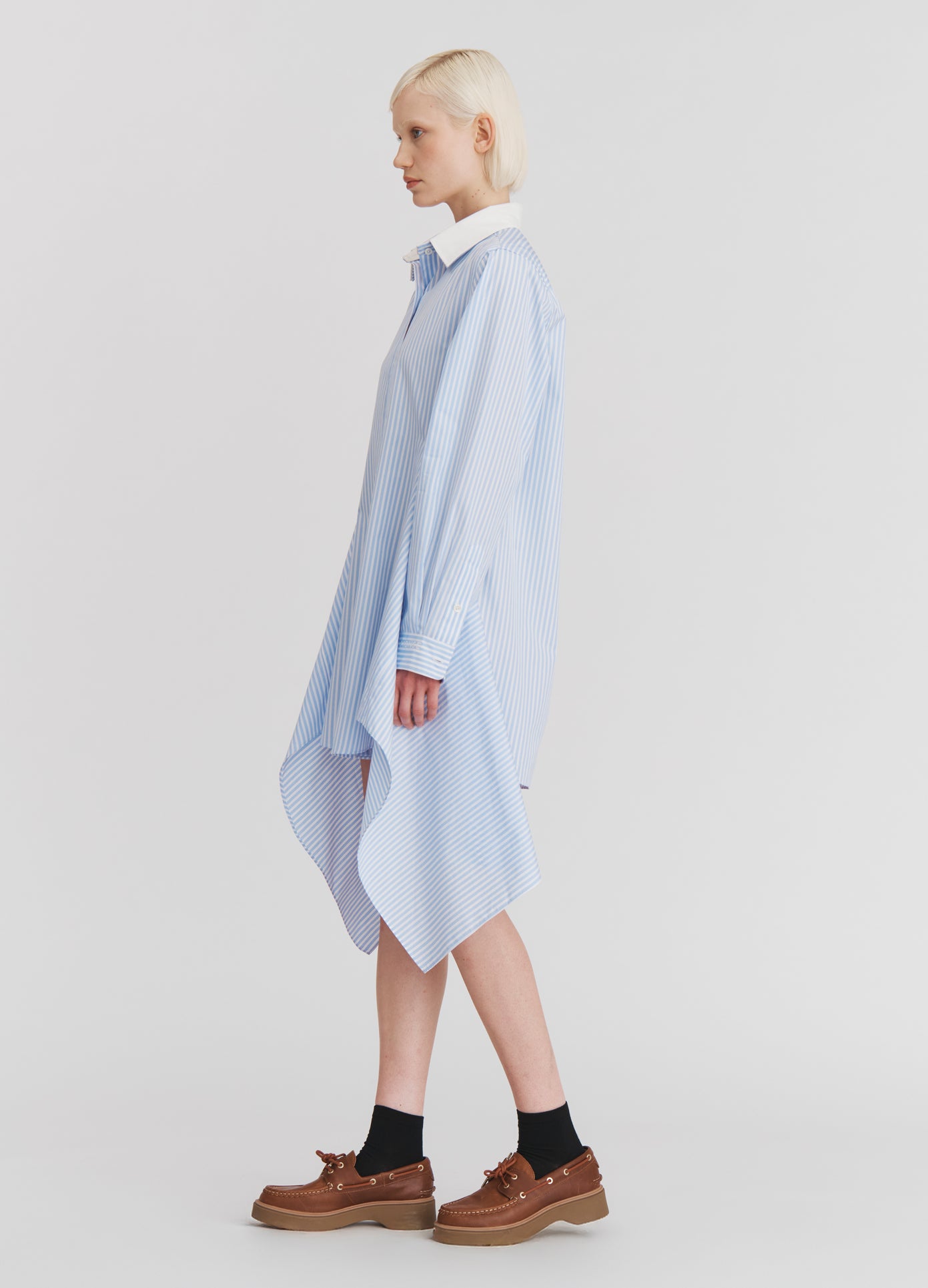 MONSE Cascade Front Shirt in Light Blue Stripe on model full side view