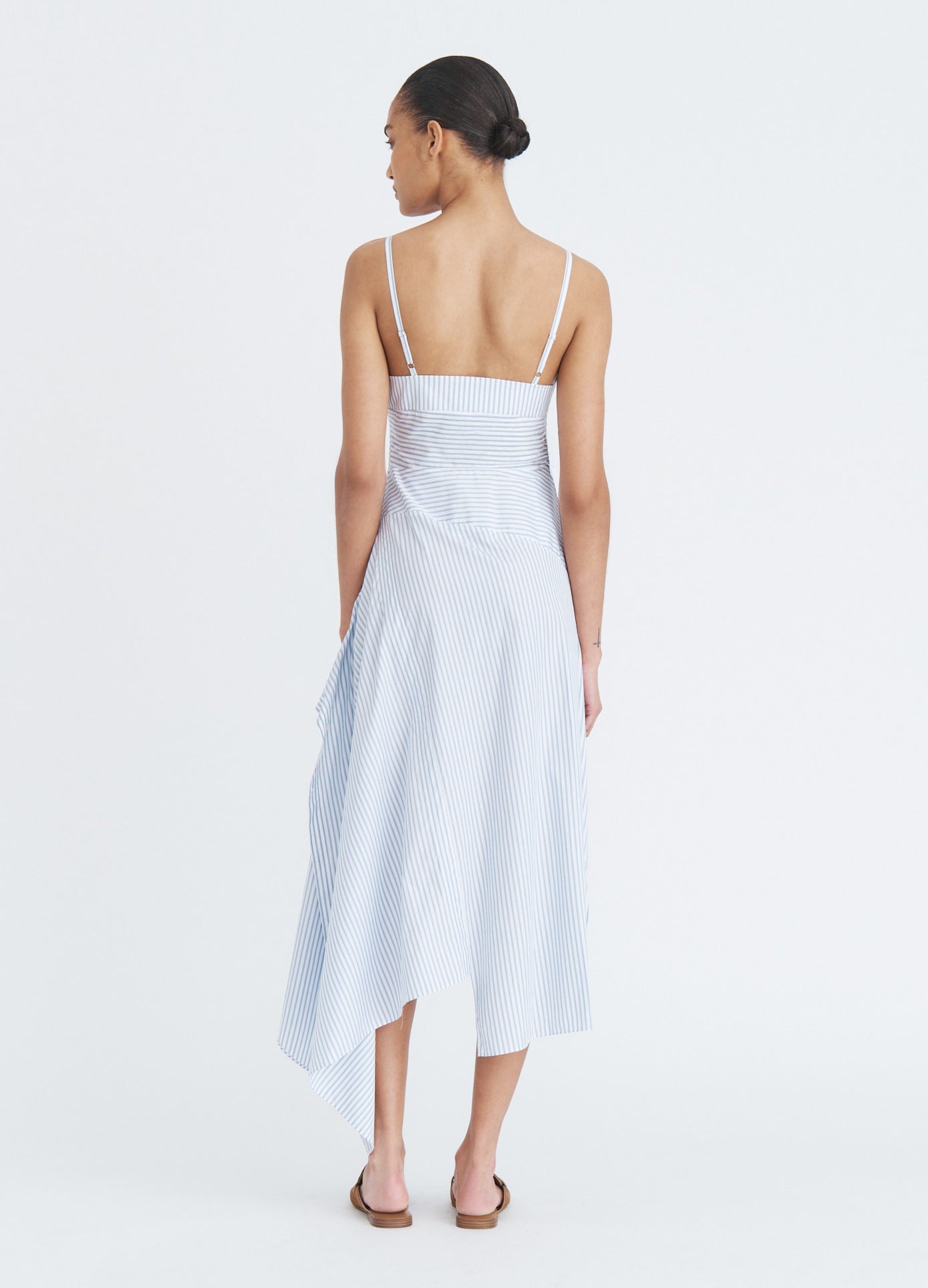 MONSE Cascade Shirt Dress in blue multi stripe on model full back view