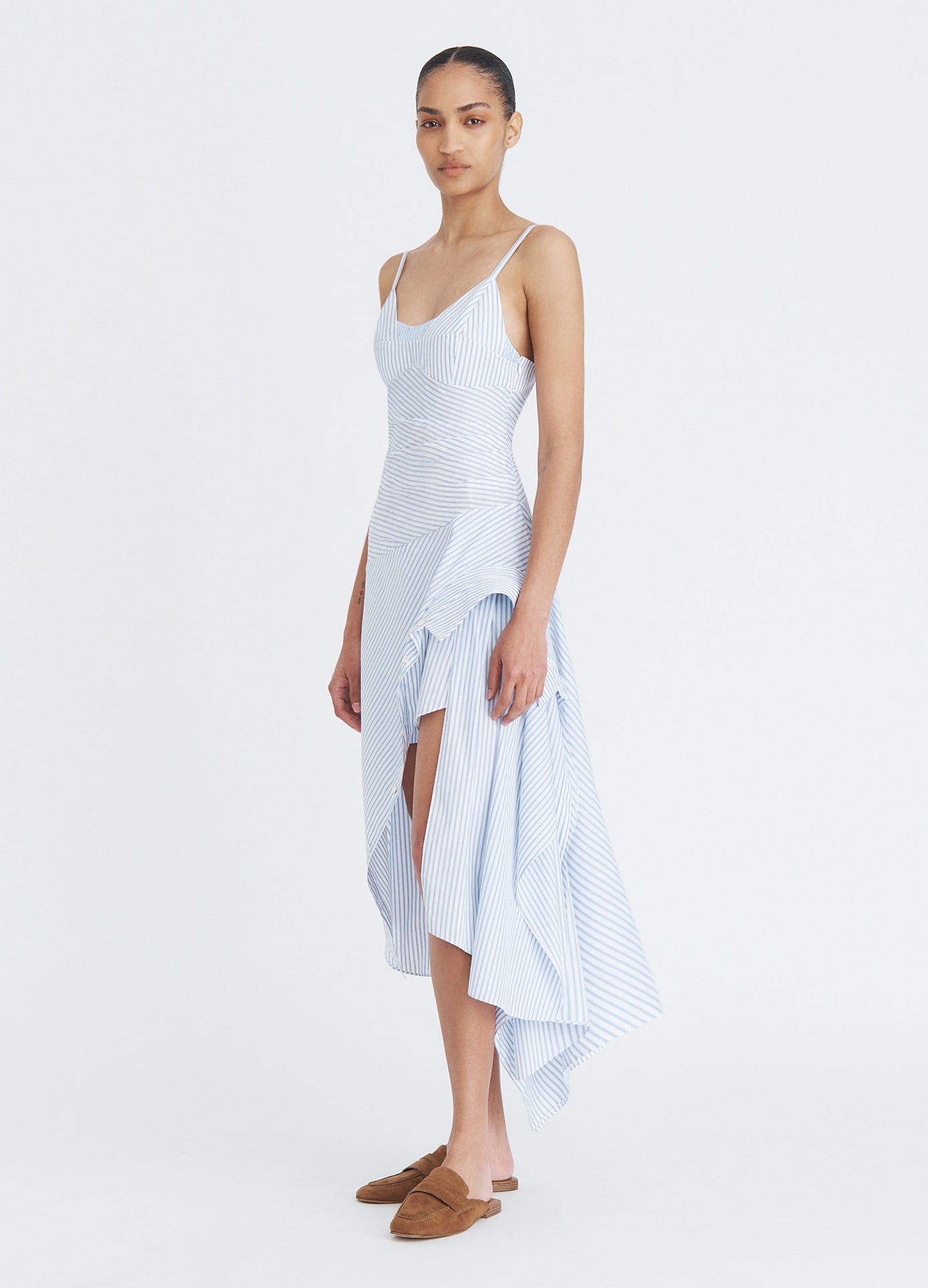 MONSE Cascade Shirt Dress in blue multi stripe on model full front view