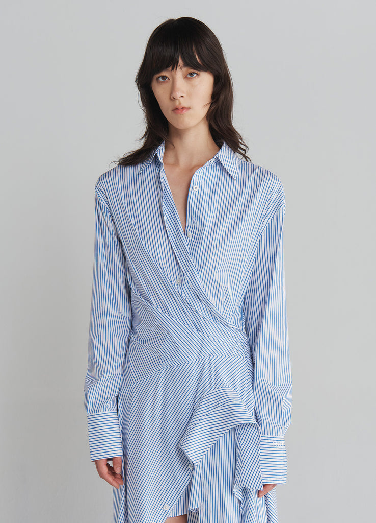 Wrap Shirt Dress in Oxford Blue and White